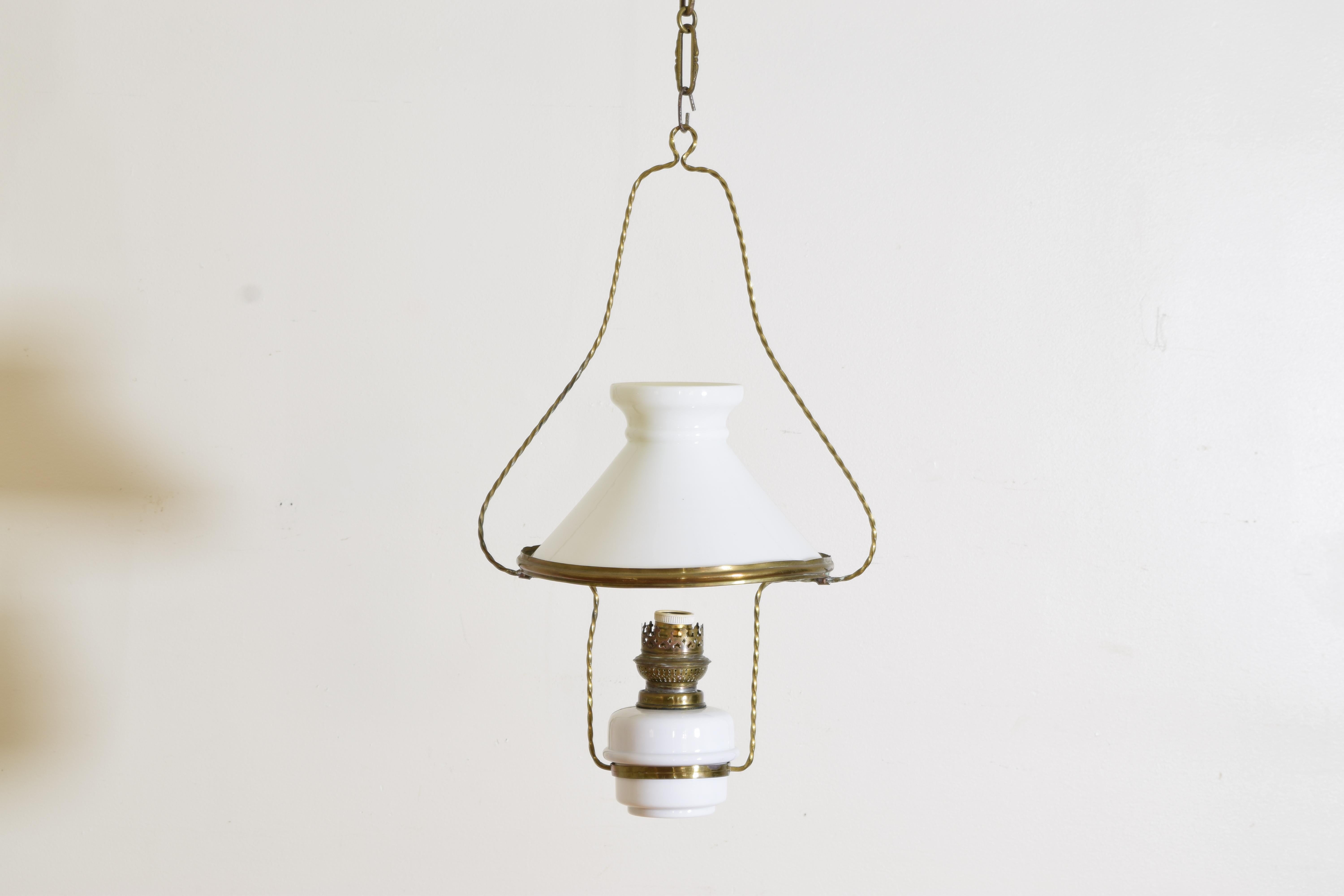 Early Victorian French Brass and White Glass Hanging Oil Lamp, now electrified, early 20th cen. For Sale