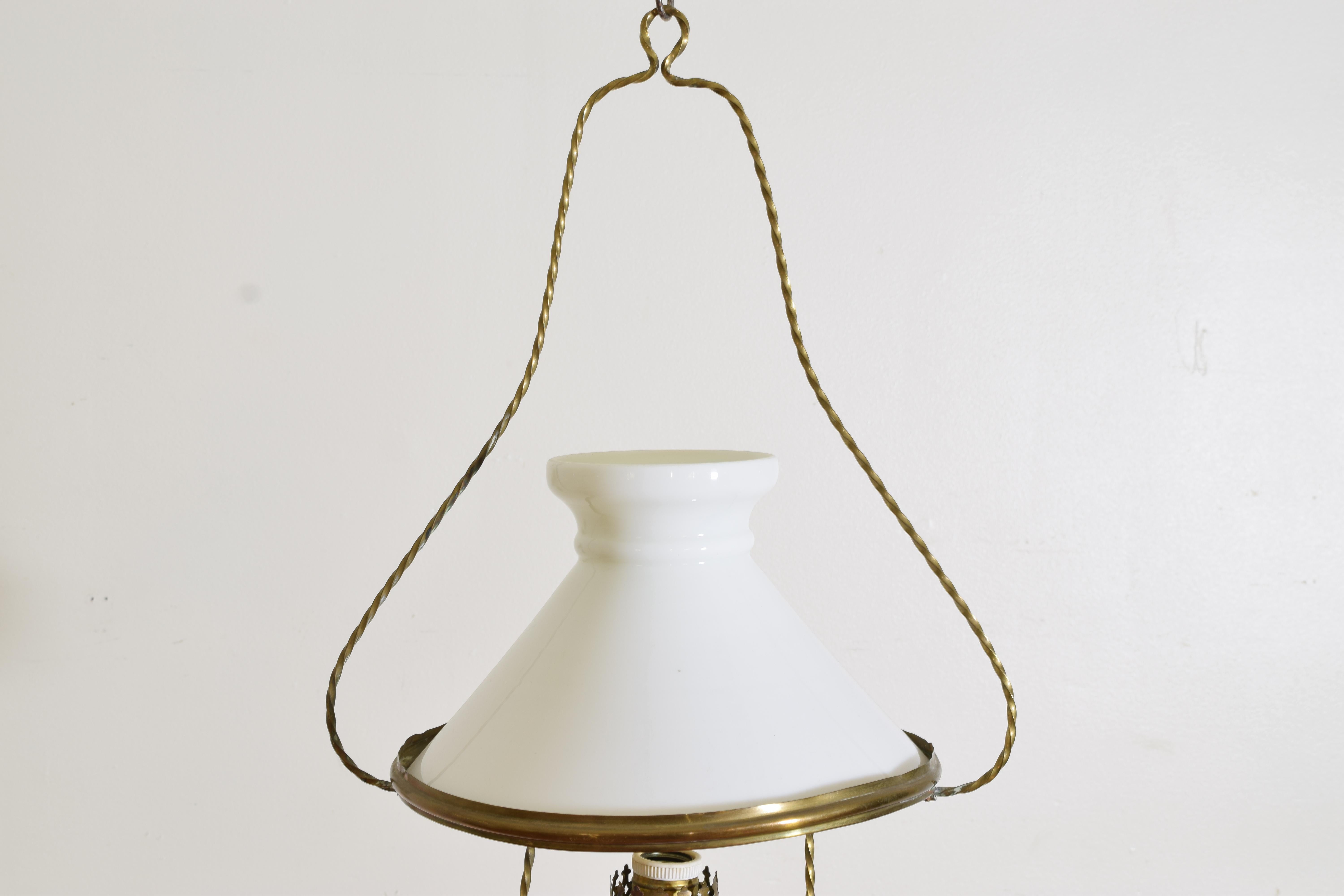 Metalwork French Brass and White Glass Hanging Oil Lamp, now electrified, early 20th cen. For Sale