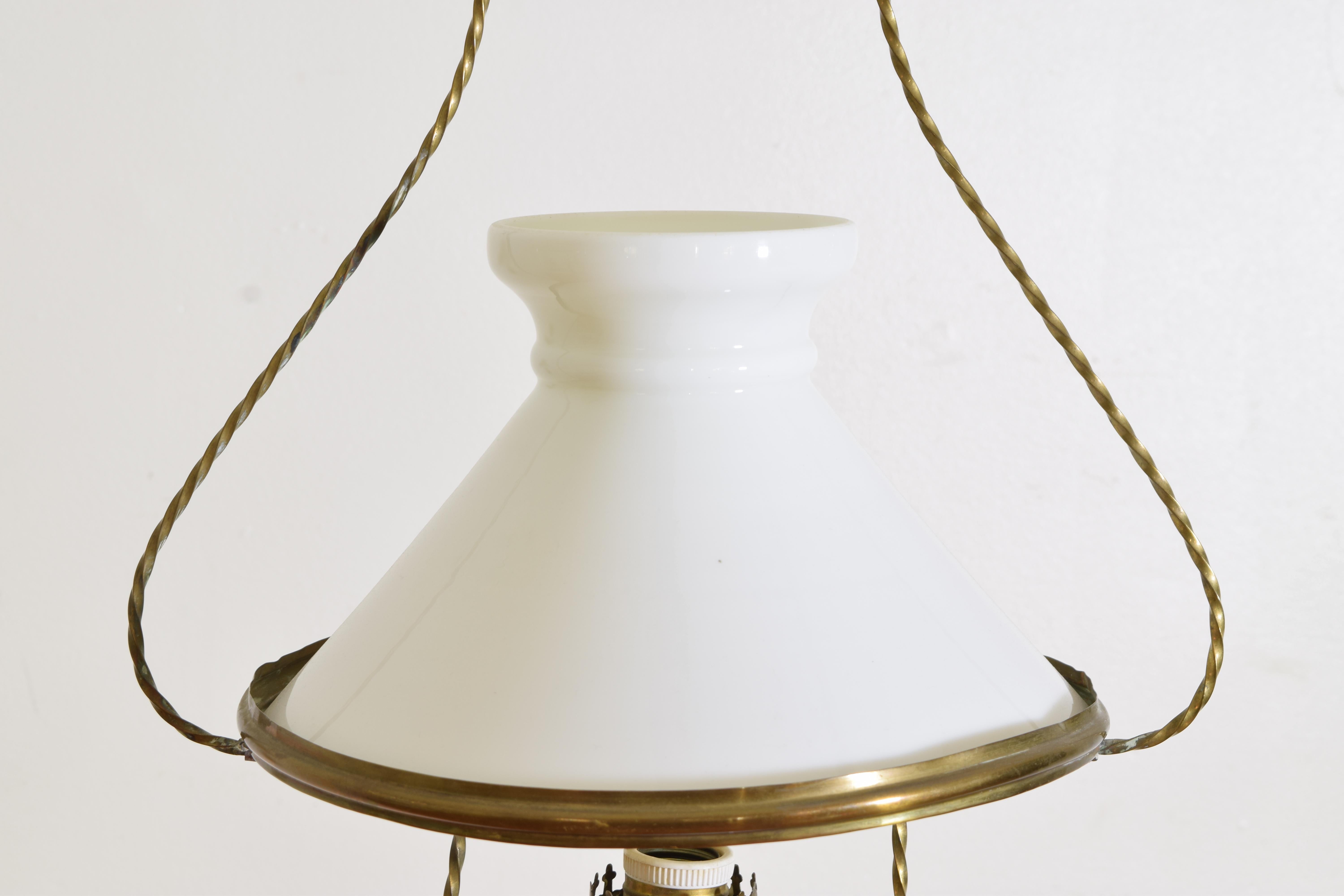 French Brass and White Glass Hanging Oil Lamp, now electrified, early 20th cen. In Good Condition For Sale In Atlanta, GA