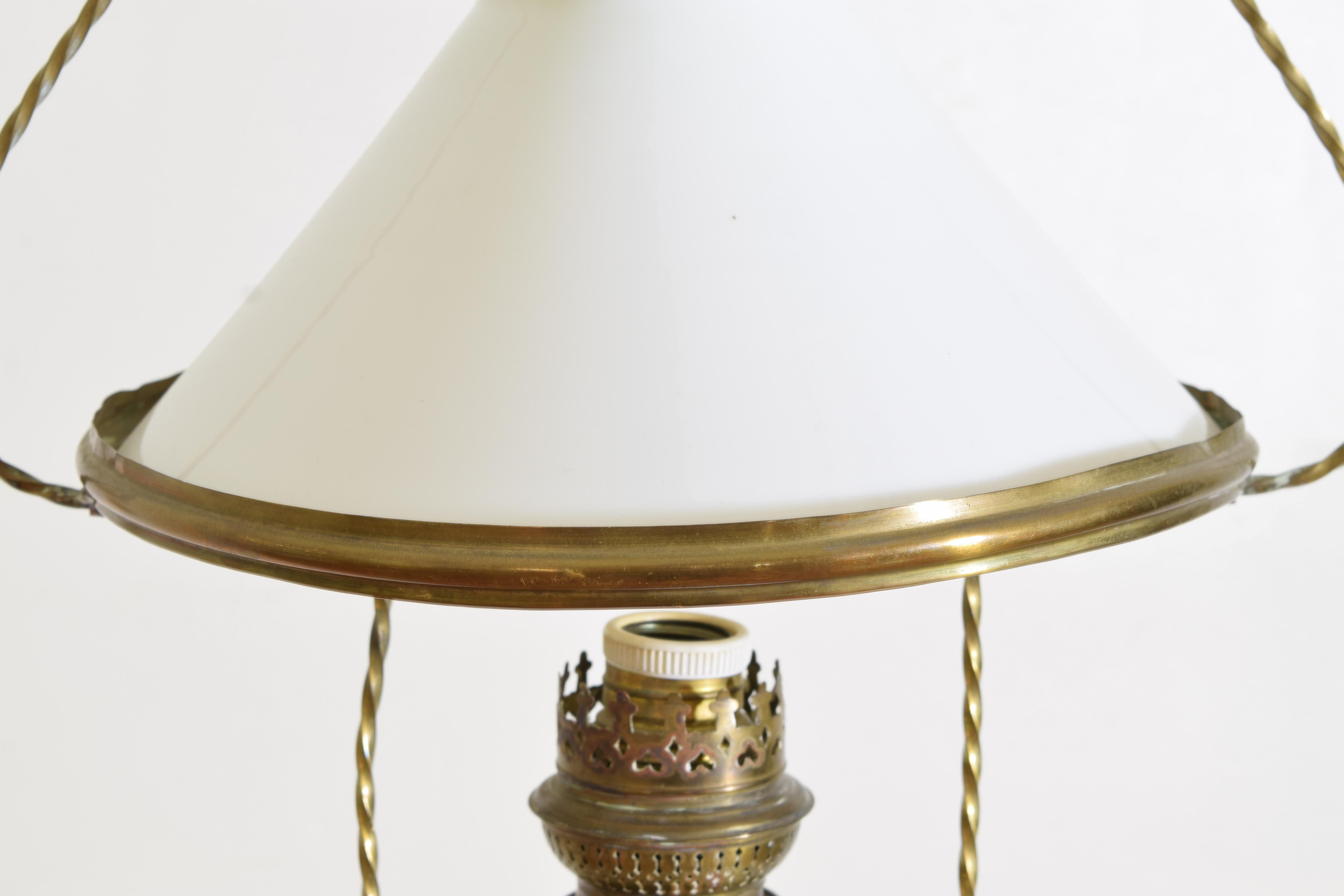 20th Century French Brass and White Glass Hanging Oil Lamp, now electrified, early 20th cen. For Sale