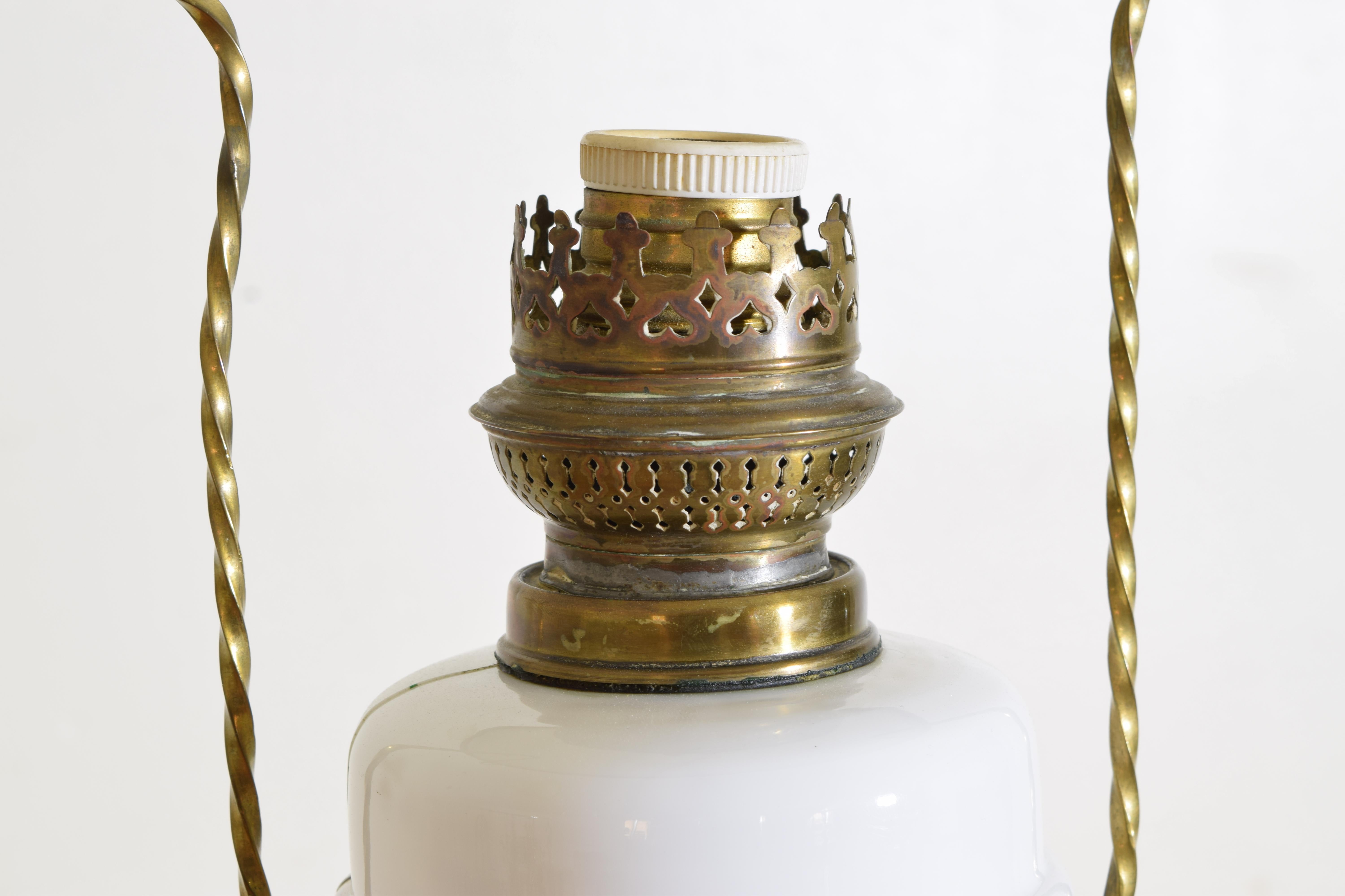French Brass and White Glass Hanging Oil Lamp, now electrified, early 20th cen. For Sale 1