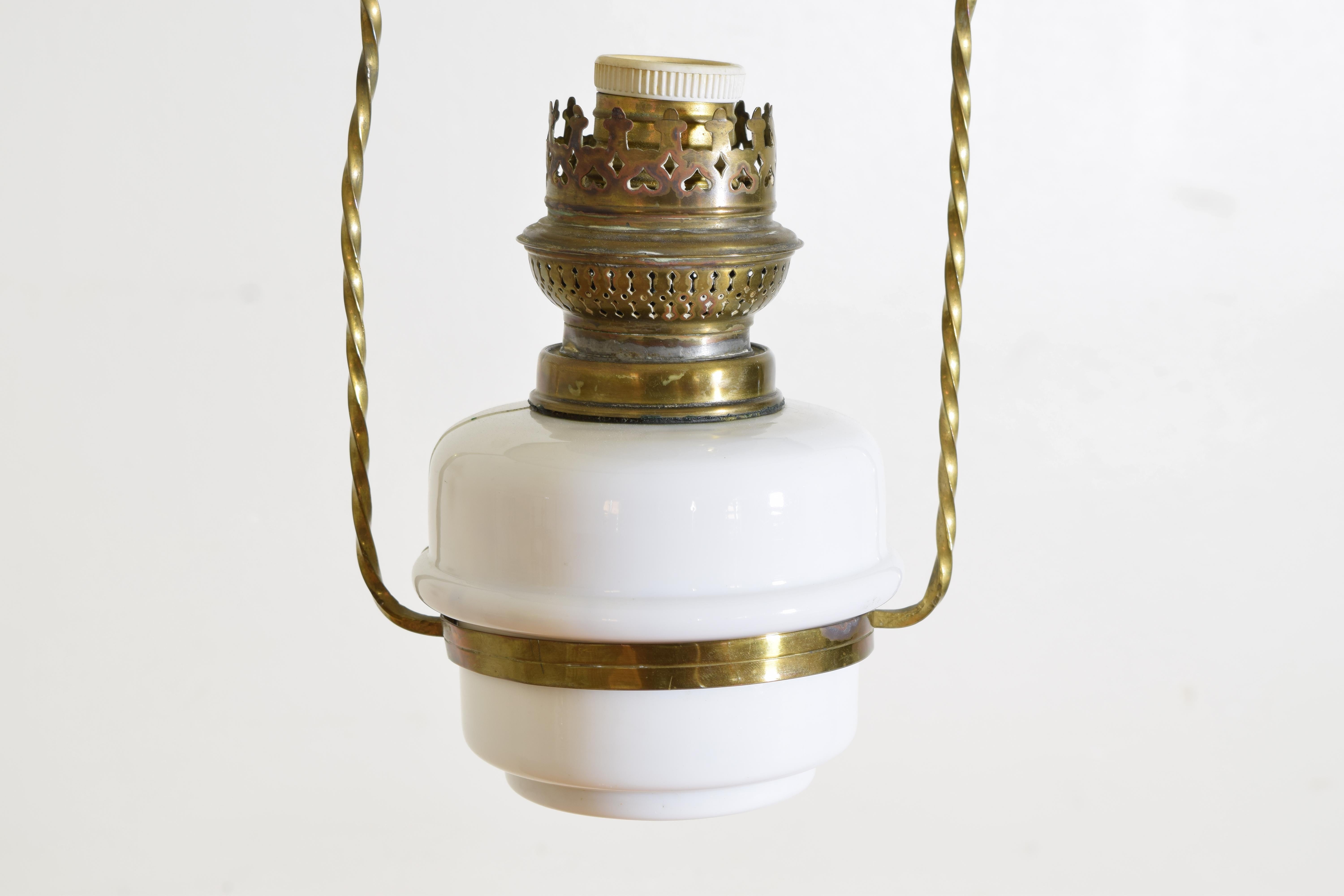 French Brass and White Glass Hanging Oil Lamp, now electrified, early 20th cen. For Sale 2