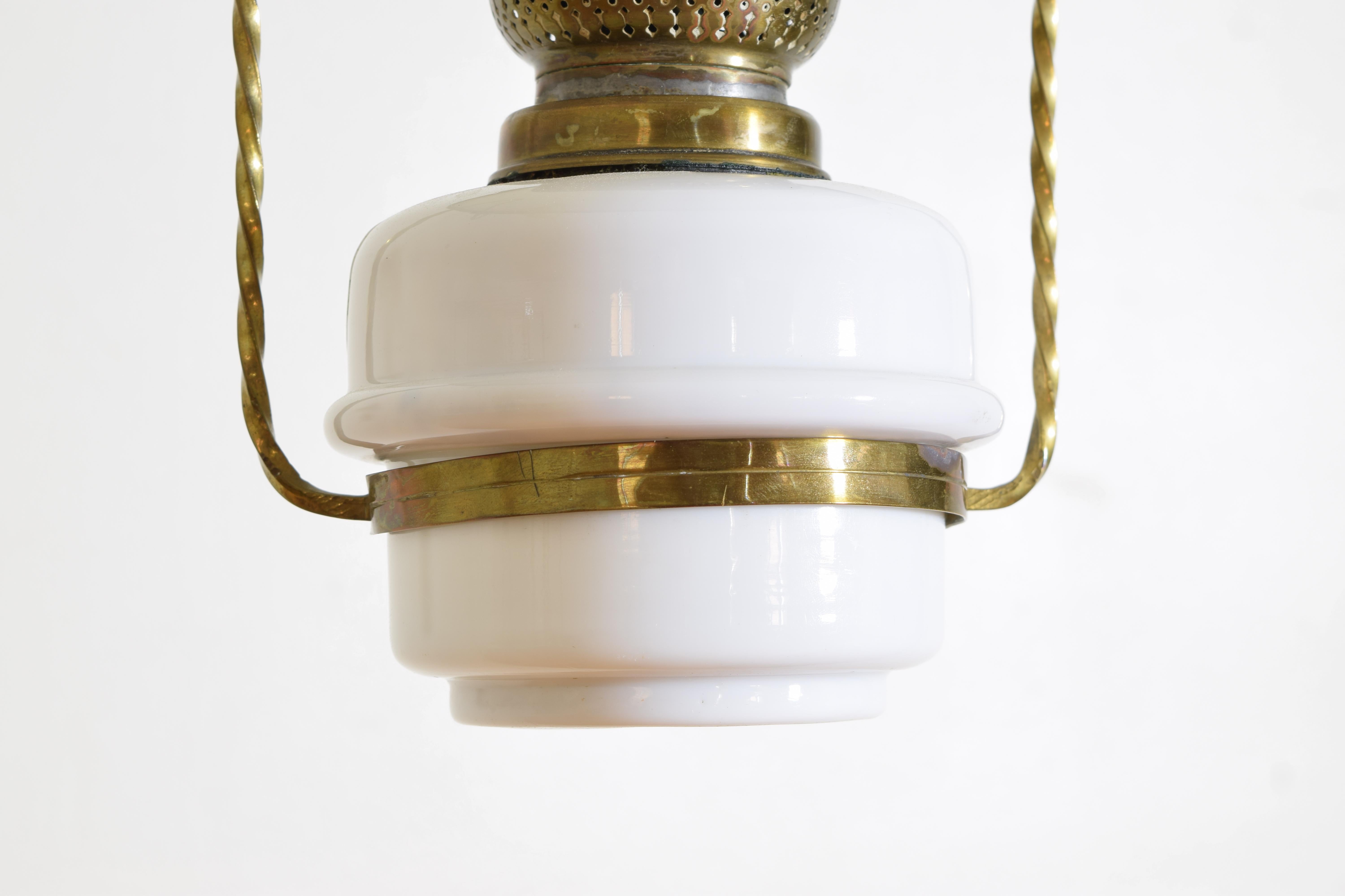 French Brass and White Glass Hanging Oil Lamp, now electrified, early 20th cen. For Sale 3