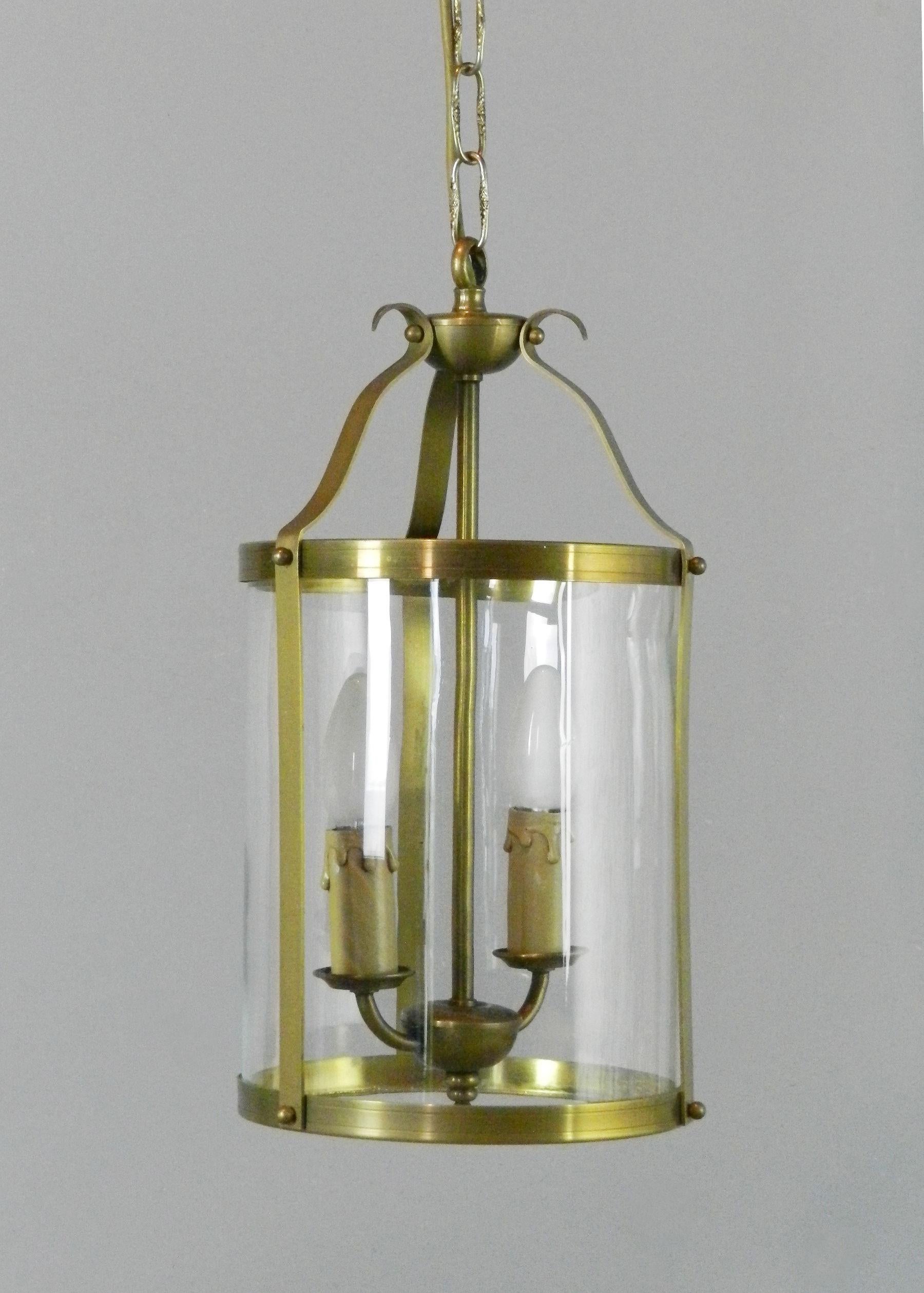 Glazed French Brass Antique Twin Light Hall Lantern For Sale
