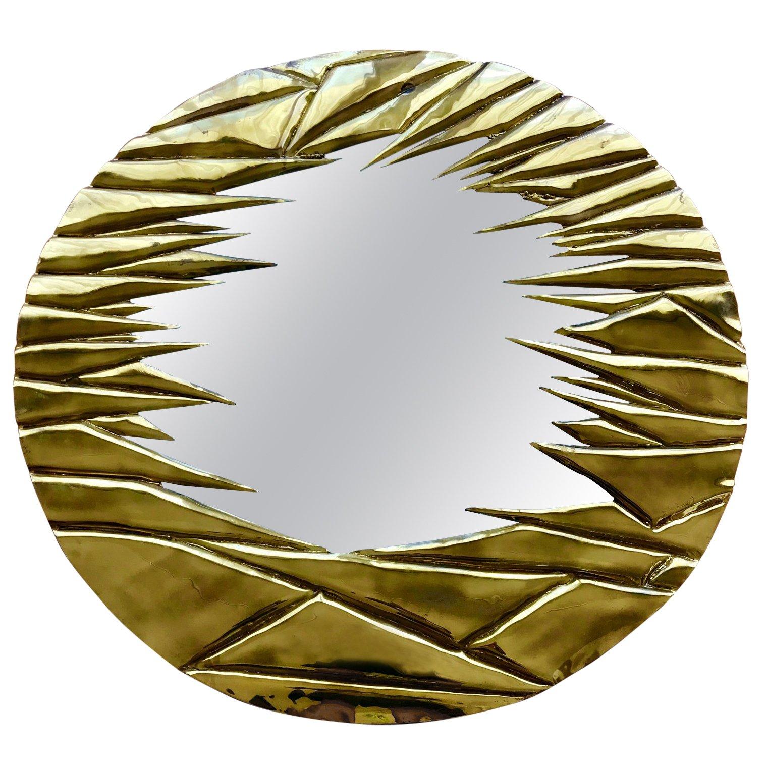 French Brass Artisanal Mirror by Alain Chevert
