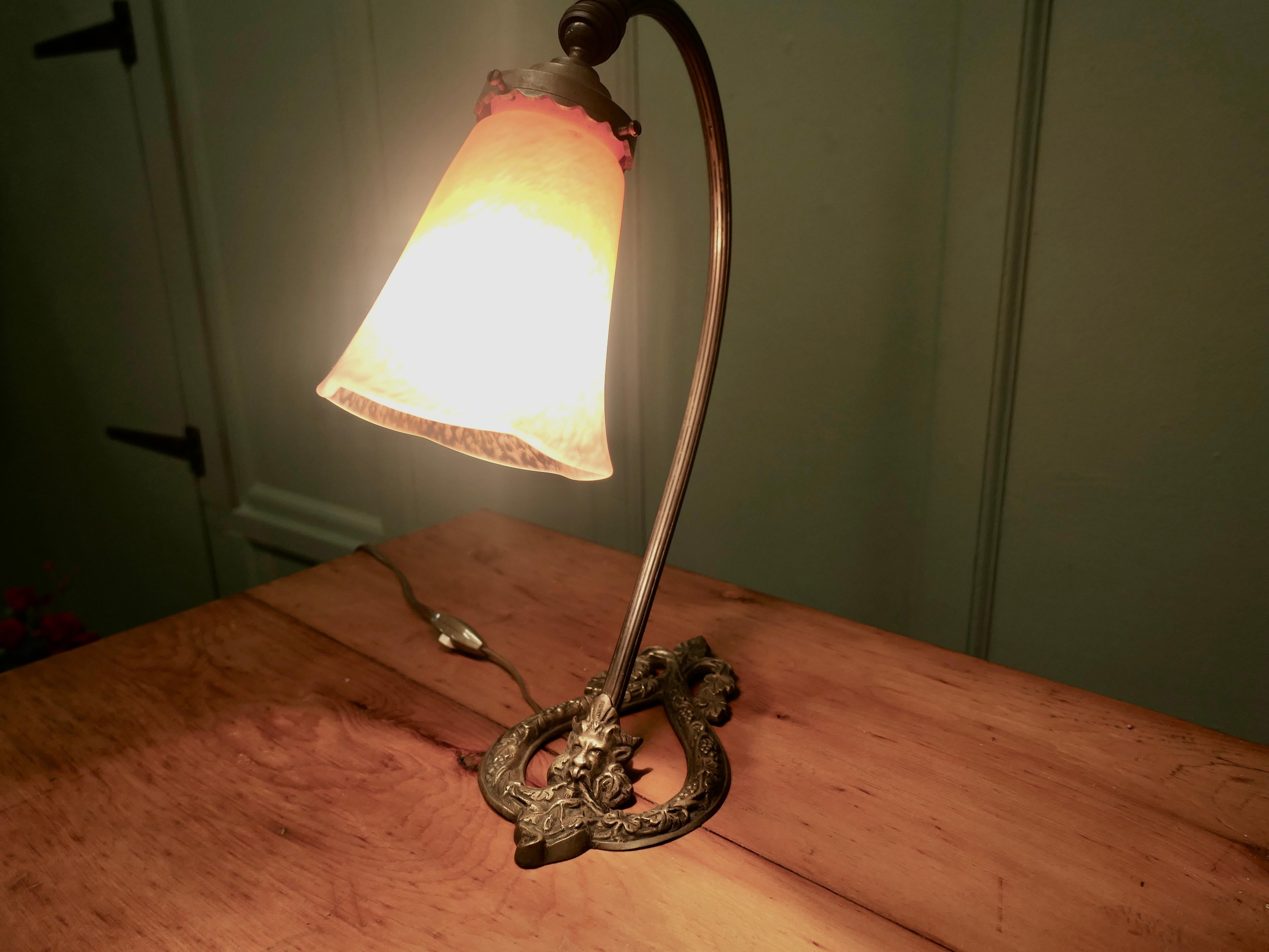 Arts and Crafts French Brass Bacchus Table Lamp with Opaline Glass Shade For Sale
