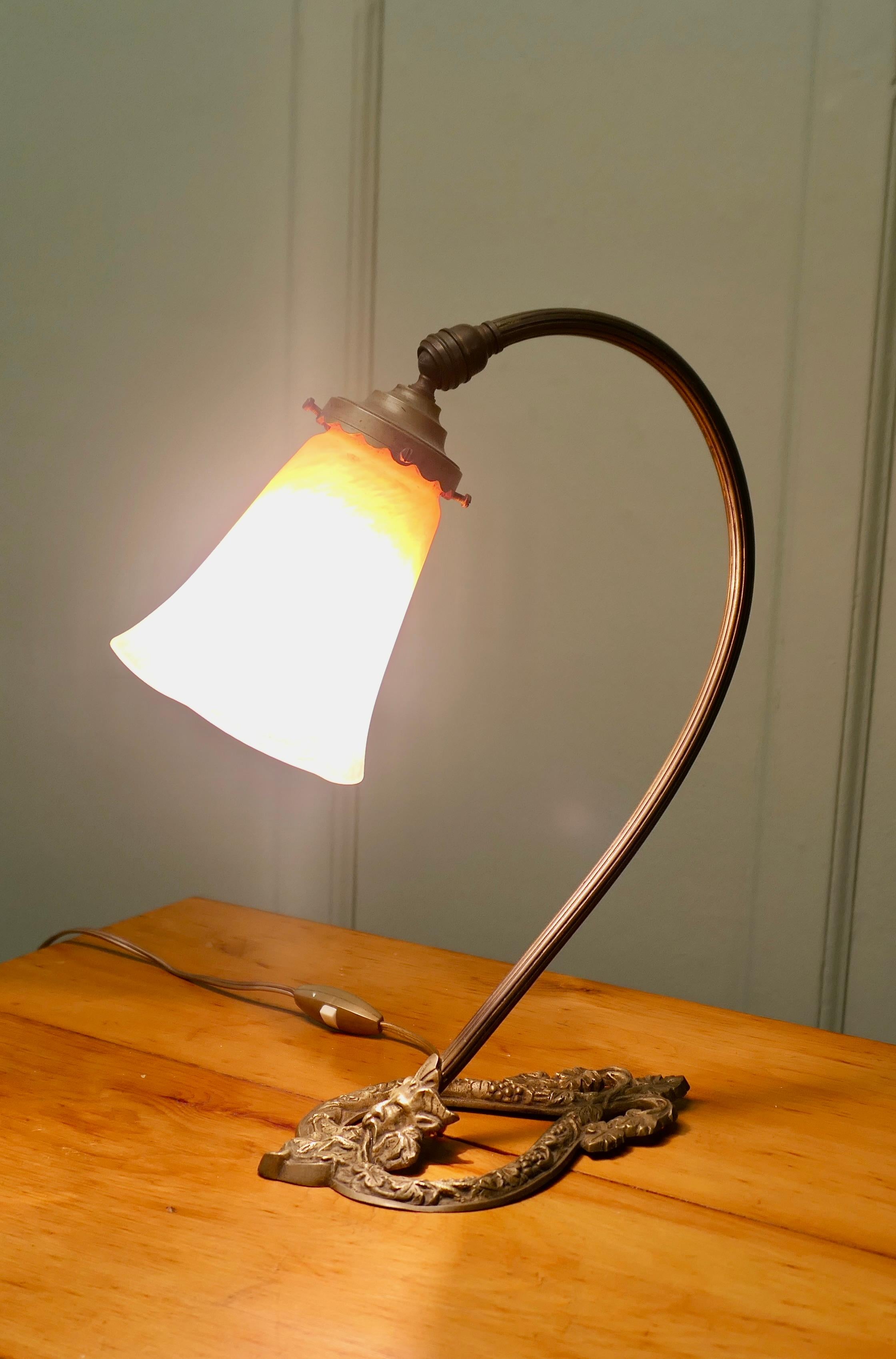 Early 20th Century French Brass Bacchus Table Lamp with Opaline Glass Shade For Sale