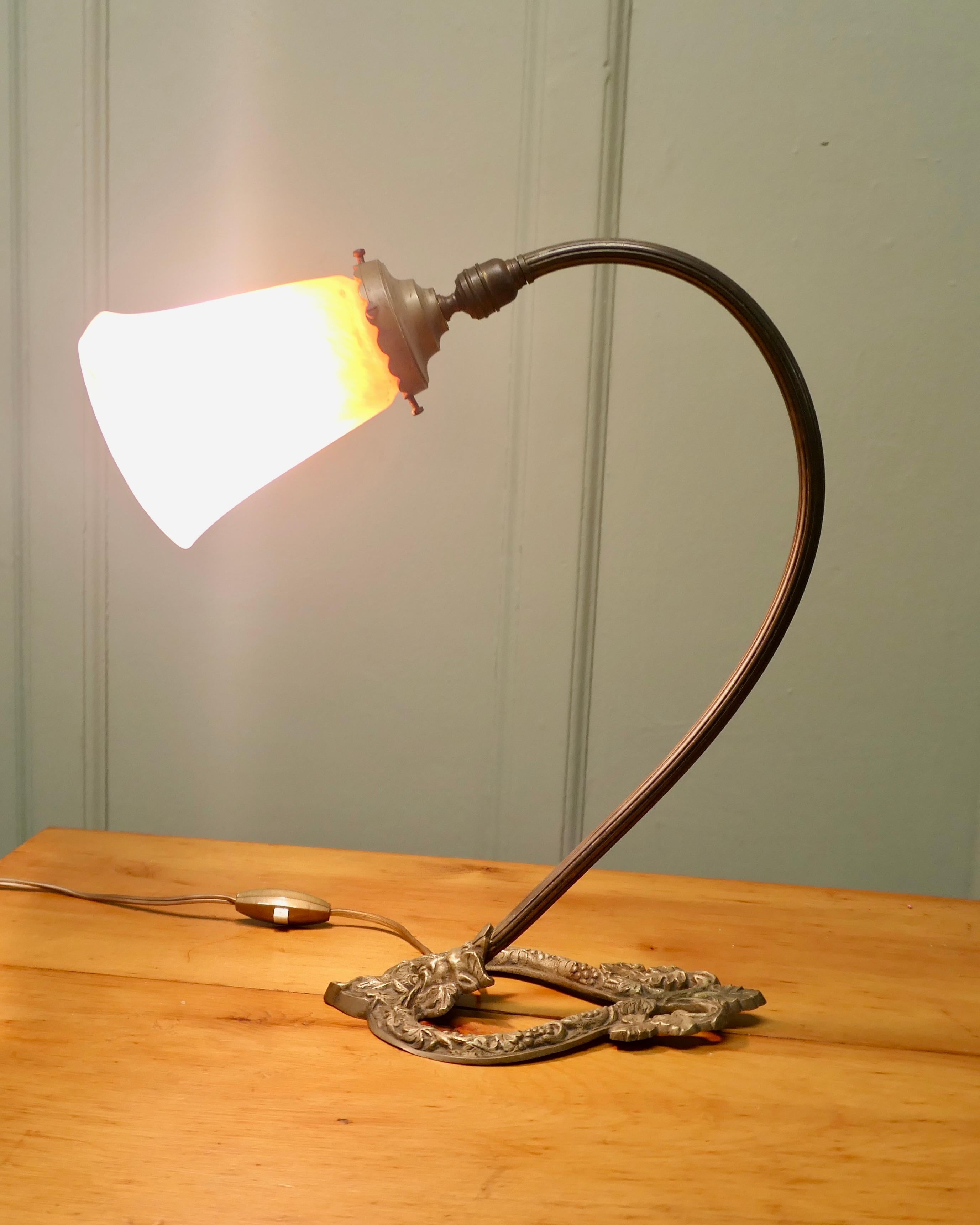 French Brass Bacchus Table Lamp with Opaline Glass Shade For Sale 1