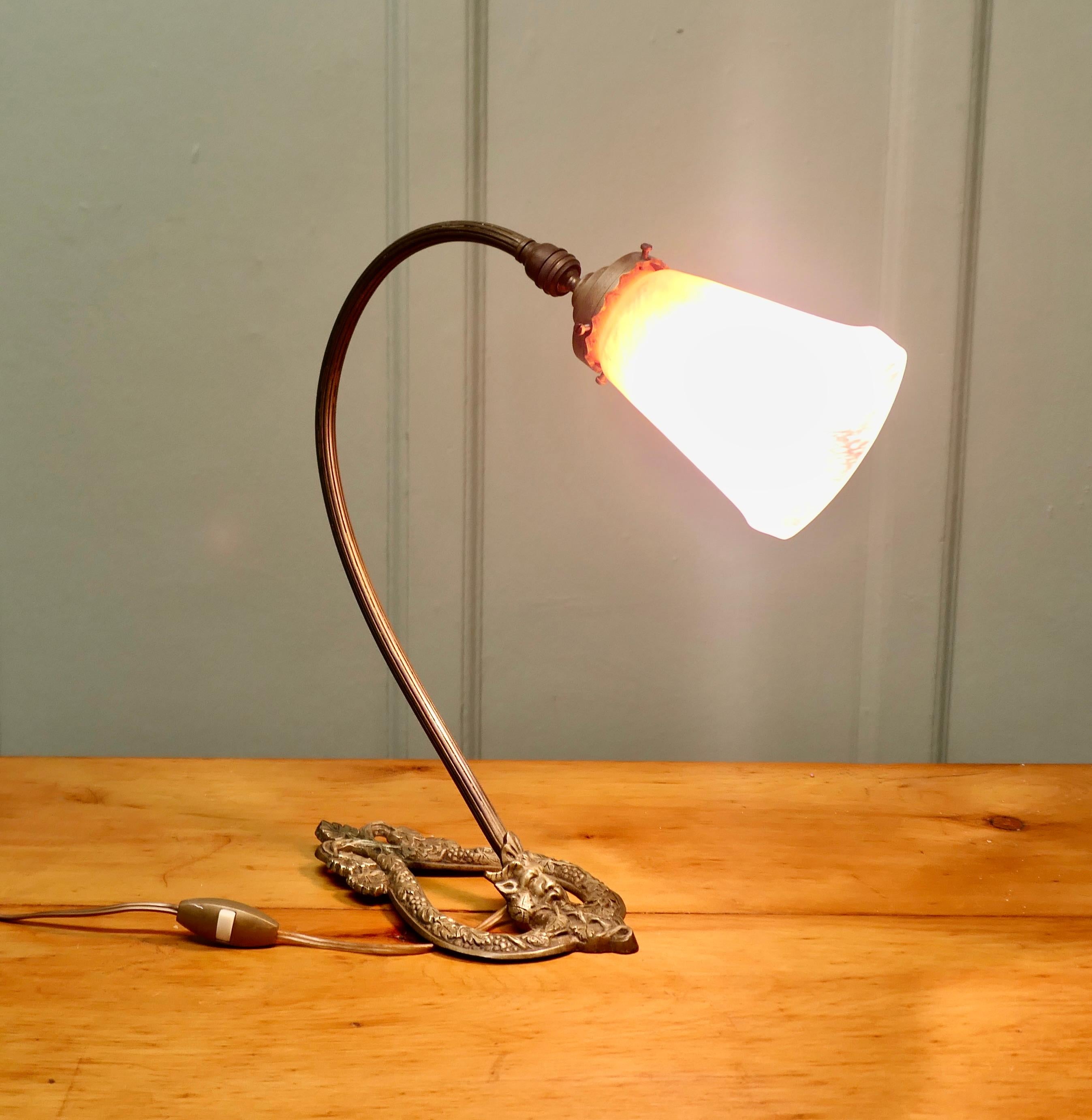 French Brass Bacchus Table Lamp with Opaline Glass Shade For Sale 2
