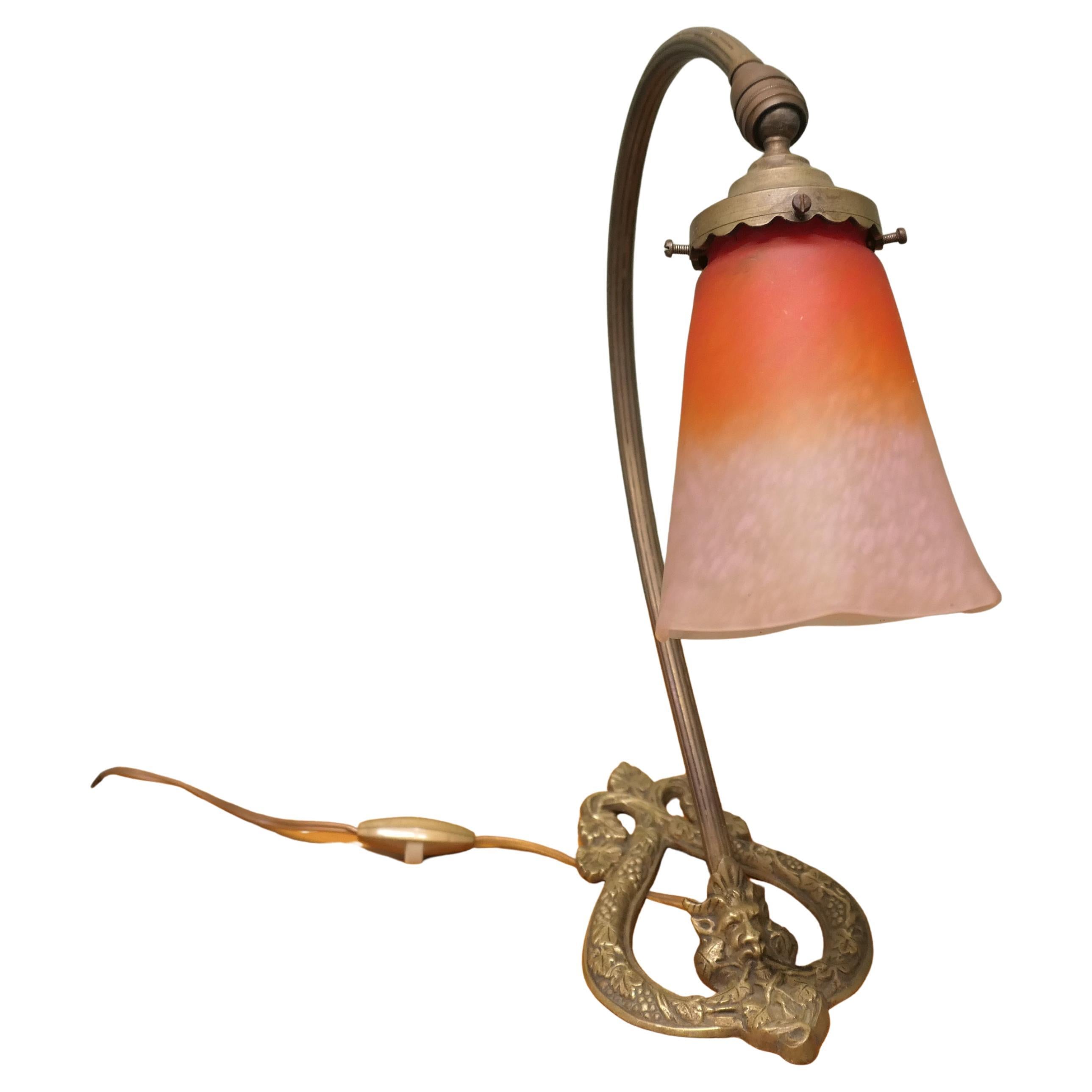 French Brass Bacchus Table Lamp with Opaline Glass Shade For Sale