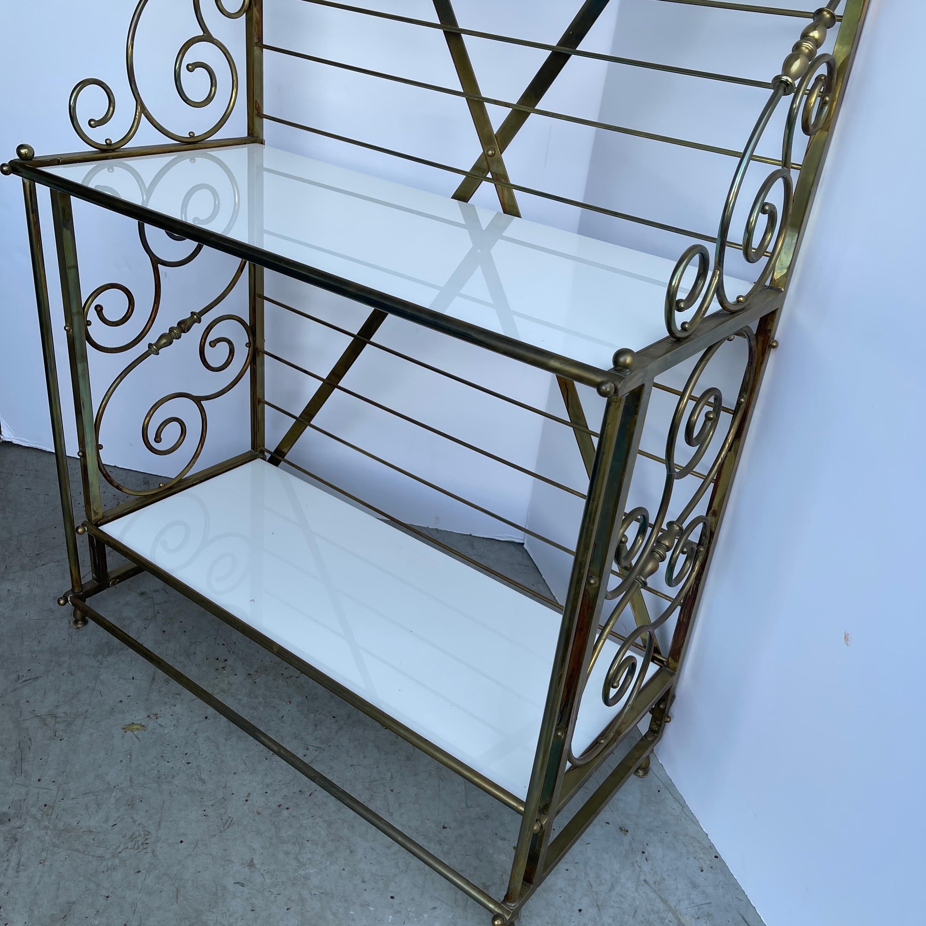 French Brass Bakers Rack with 3 White Milk Glass Shelves 3