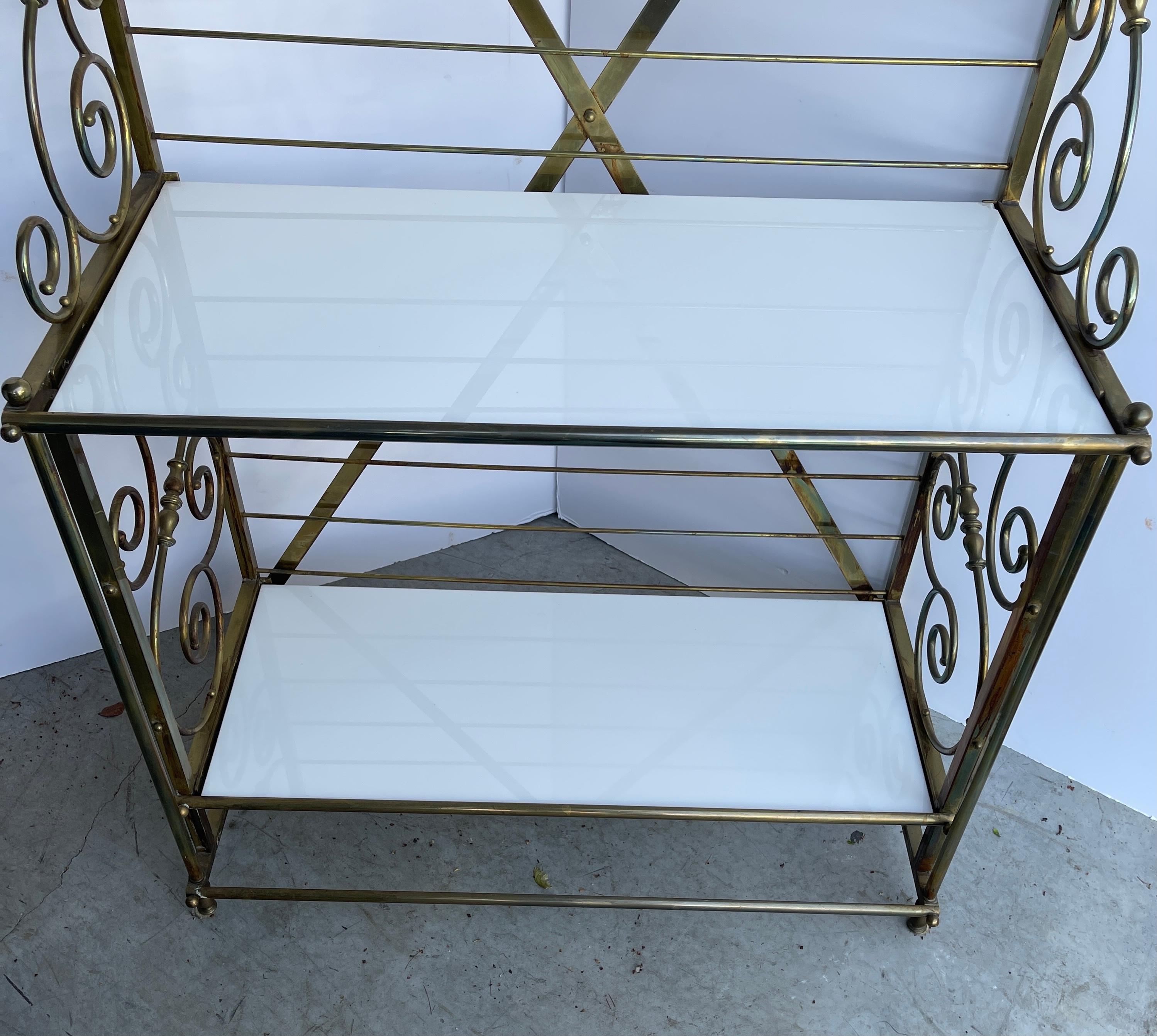 French Brass Bakers Rack with 3 White Milk Glass Shelves 4