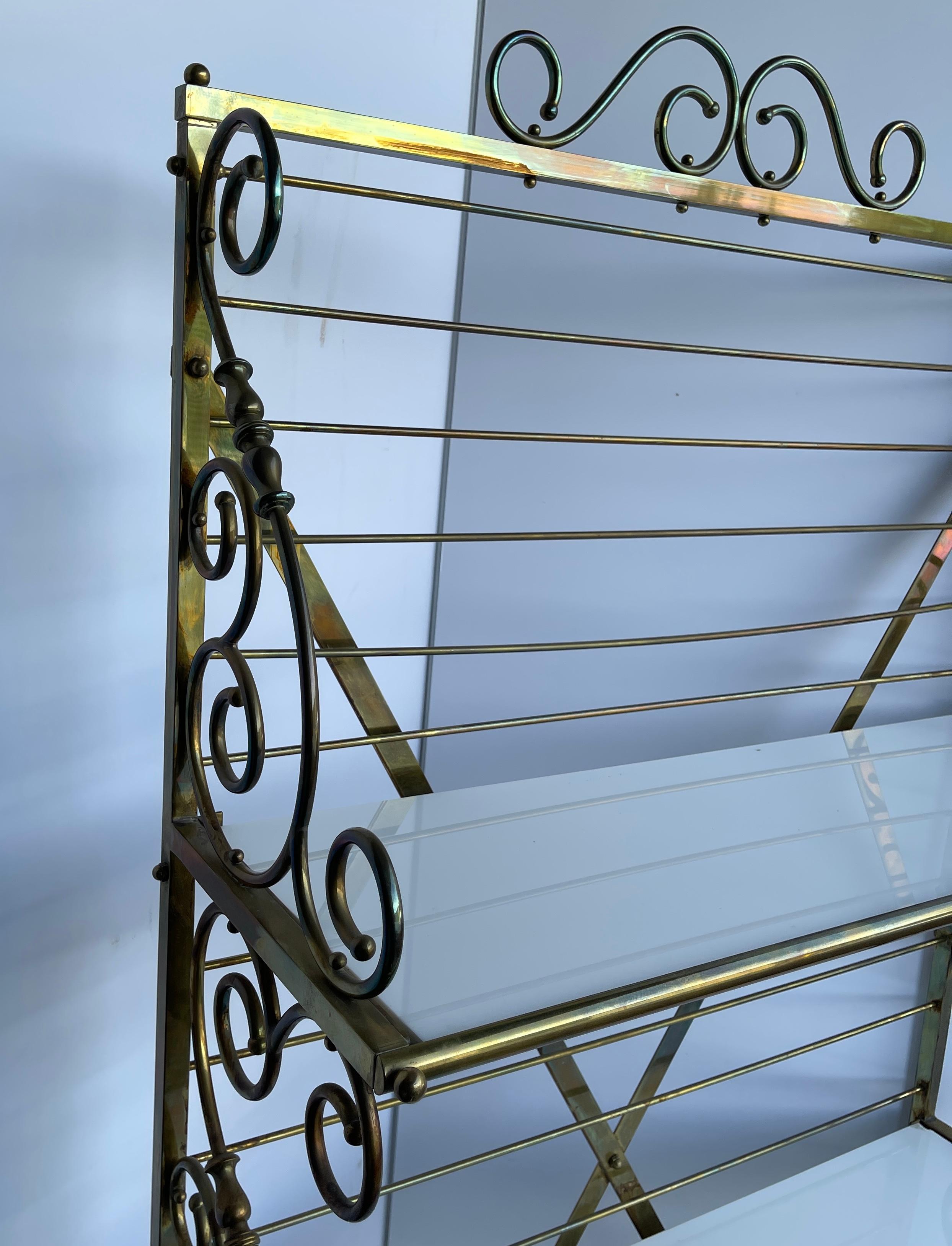 Hand-Crafted French Brass Bakers Rack with 3 White Milk Glass Shelves