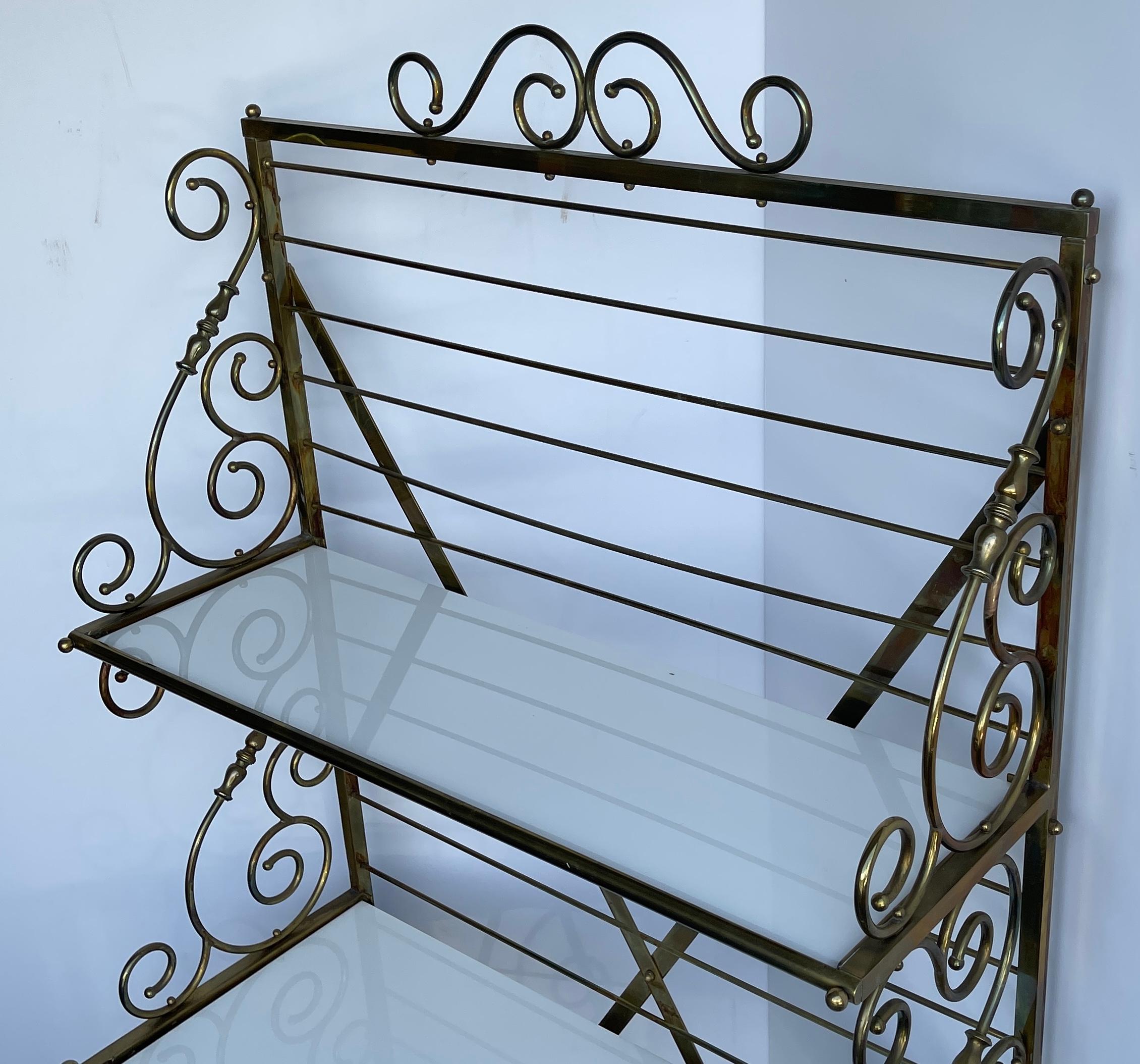 20th Century French Brass Bakers Rack with 3 White Milk Glass Shelves