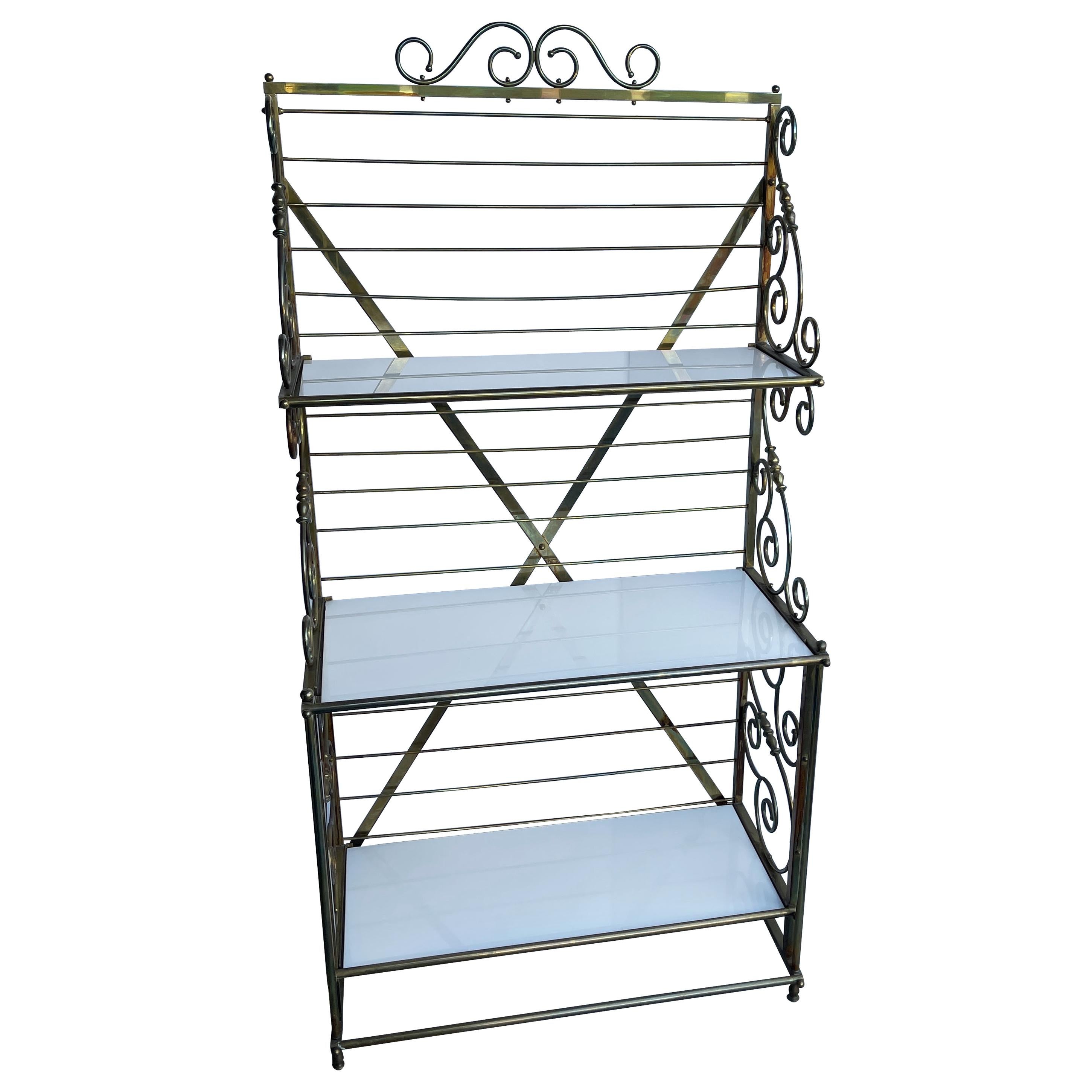 French Brass Bakers Rack with 3 White Milk Glass Shelves
