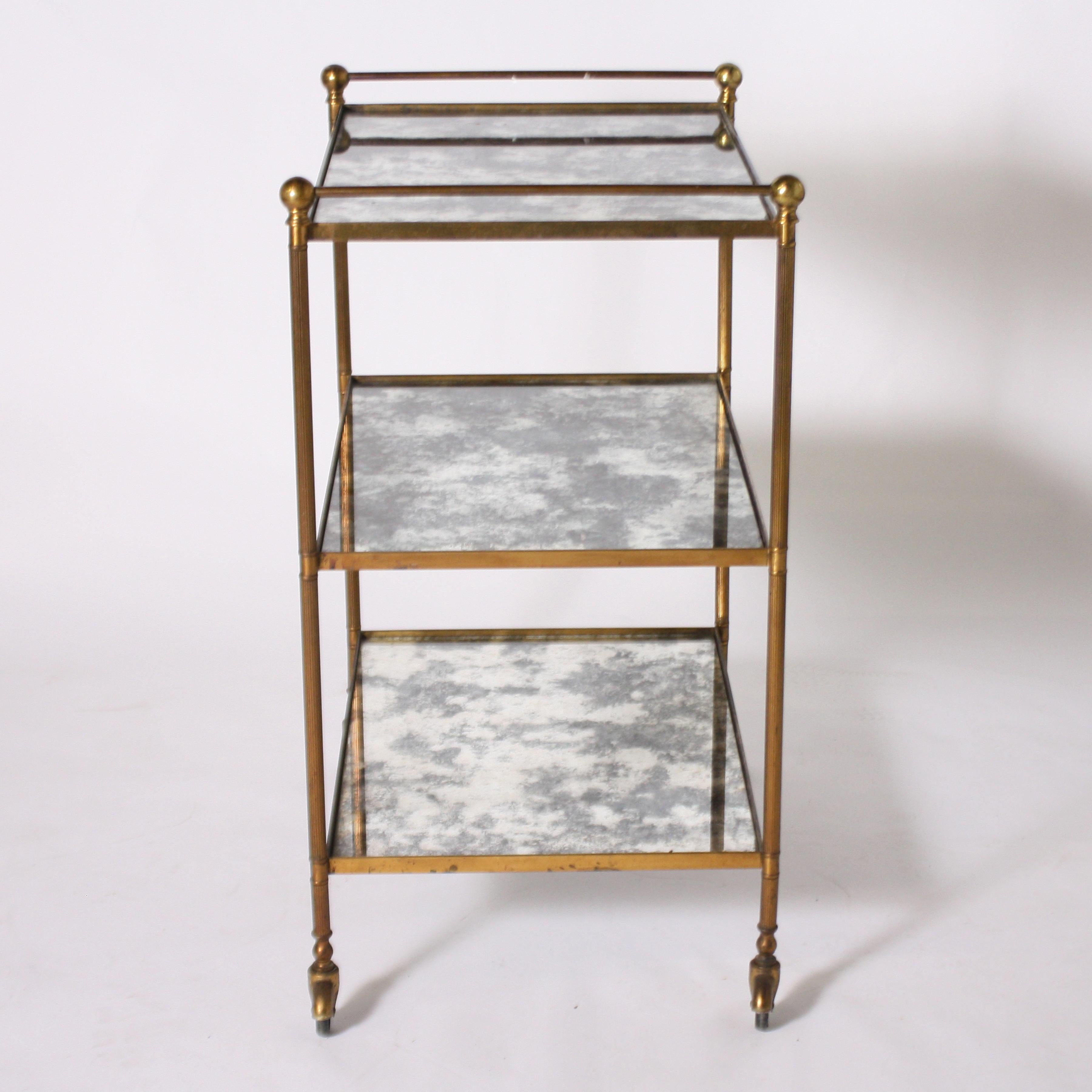 French Brass Bar Cart with Antique Mirrored Glass, circa 1960 In Good Condition In Dallas, TX