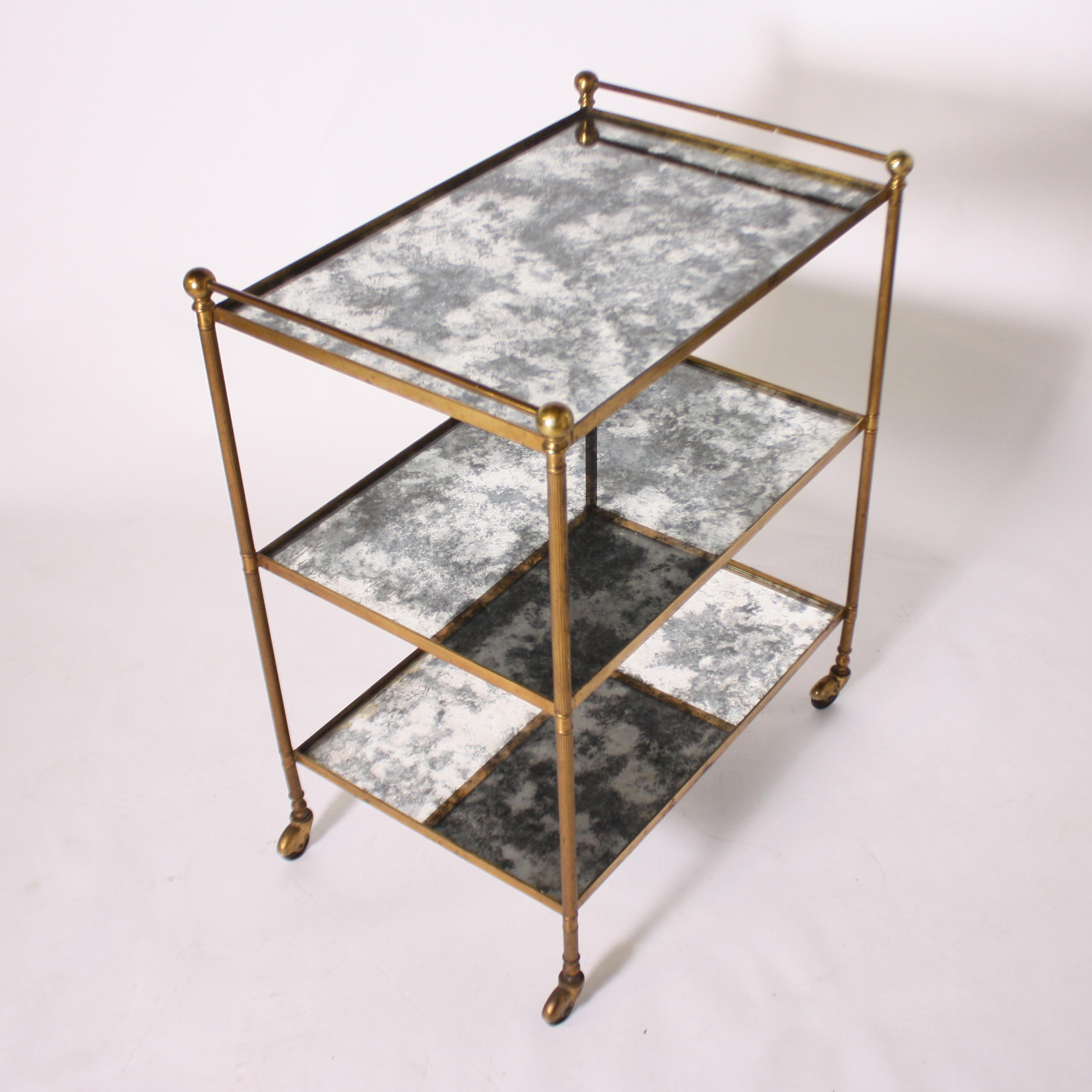 Mid-20th Century French Brass Bar Cart with Antique Mirrored Glass, circa 1960