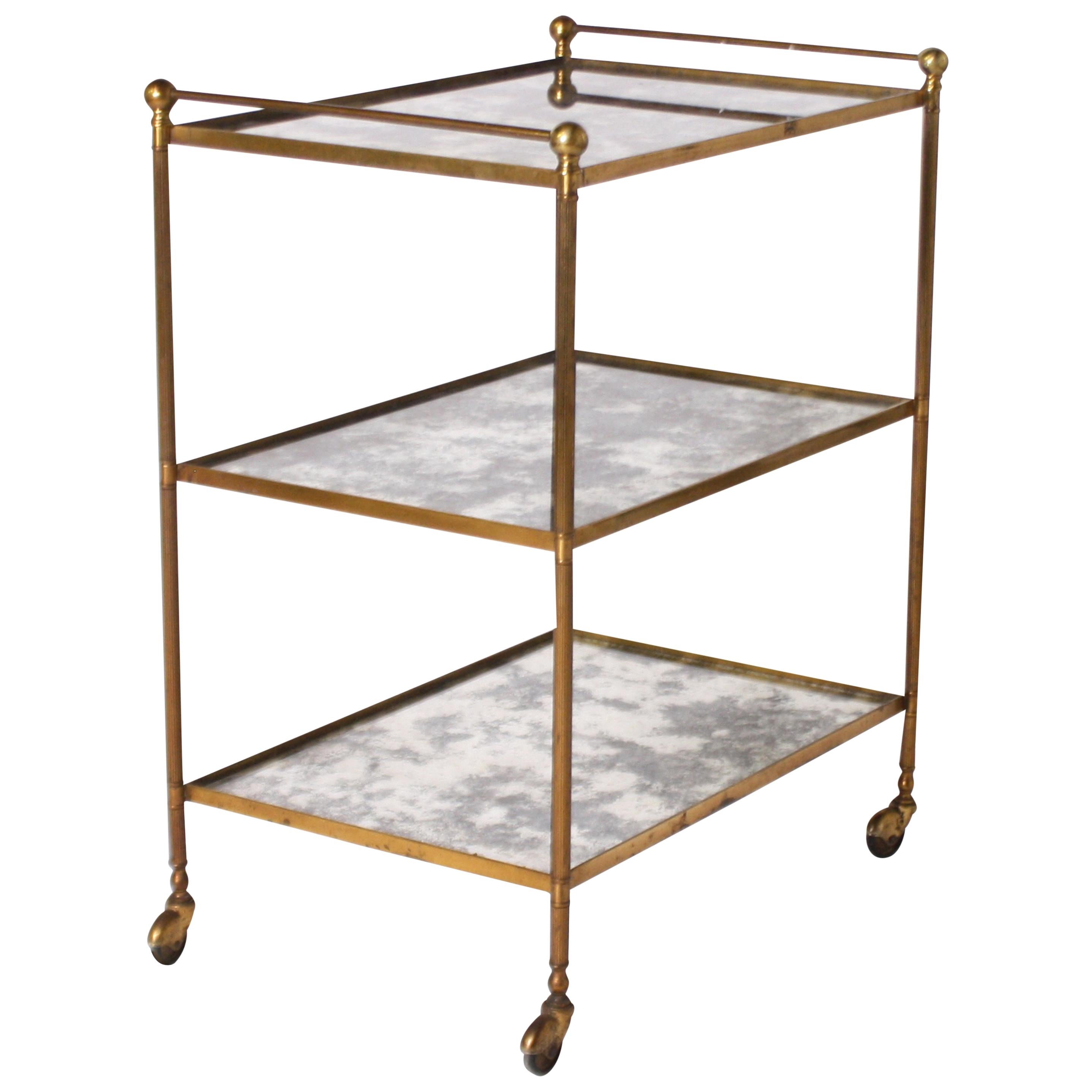 French Brass Bar Cart with Antique Mirrored Glass, circa 1960