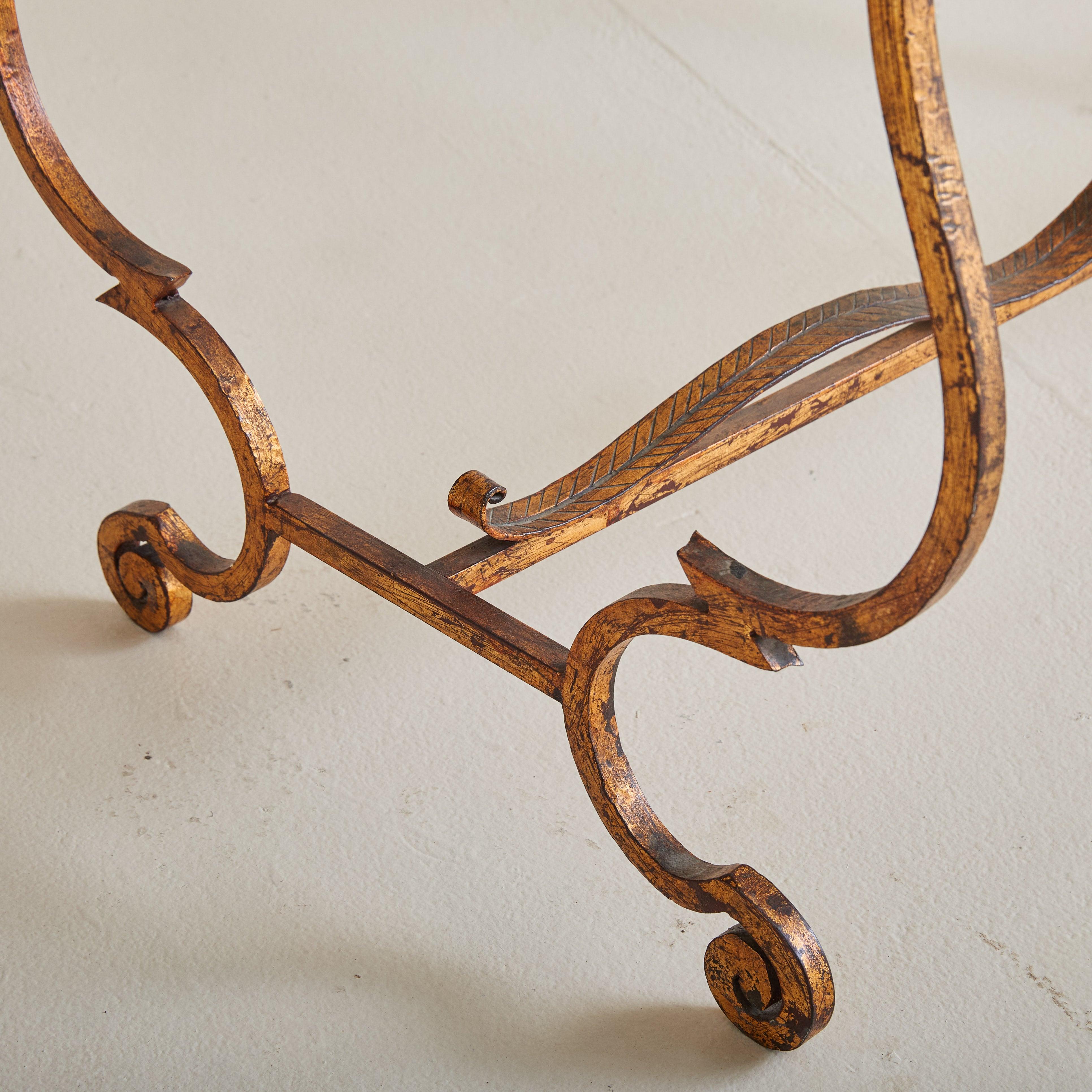 French Brass Base Coffee Table with Blush Marble Top, 1950s In Good Condition For Sale In Chicago, IL