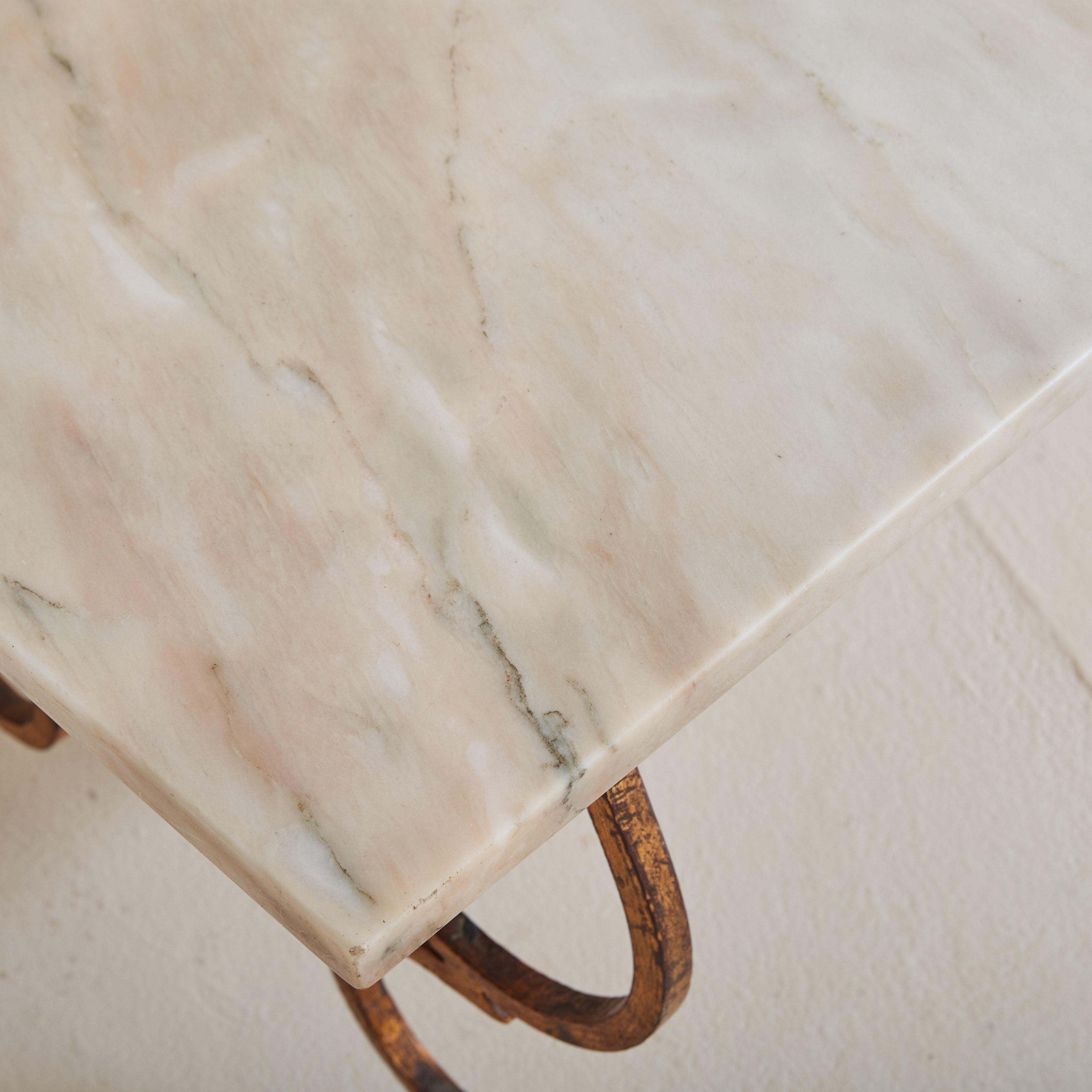 Mid-20th Century French Brass Base Coffee Table with Blush Marble Top, 1950s For Sale