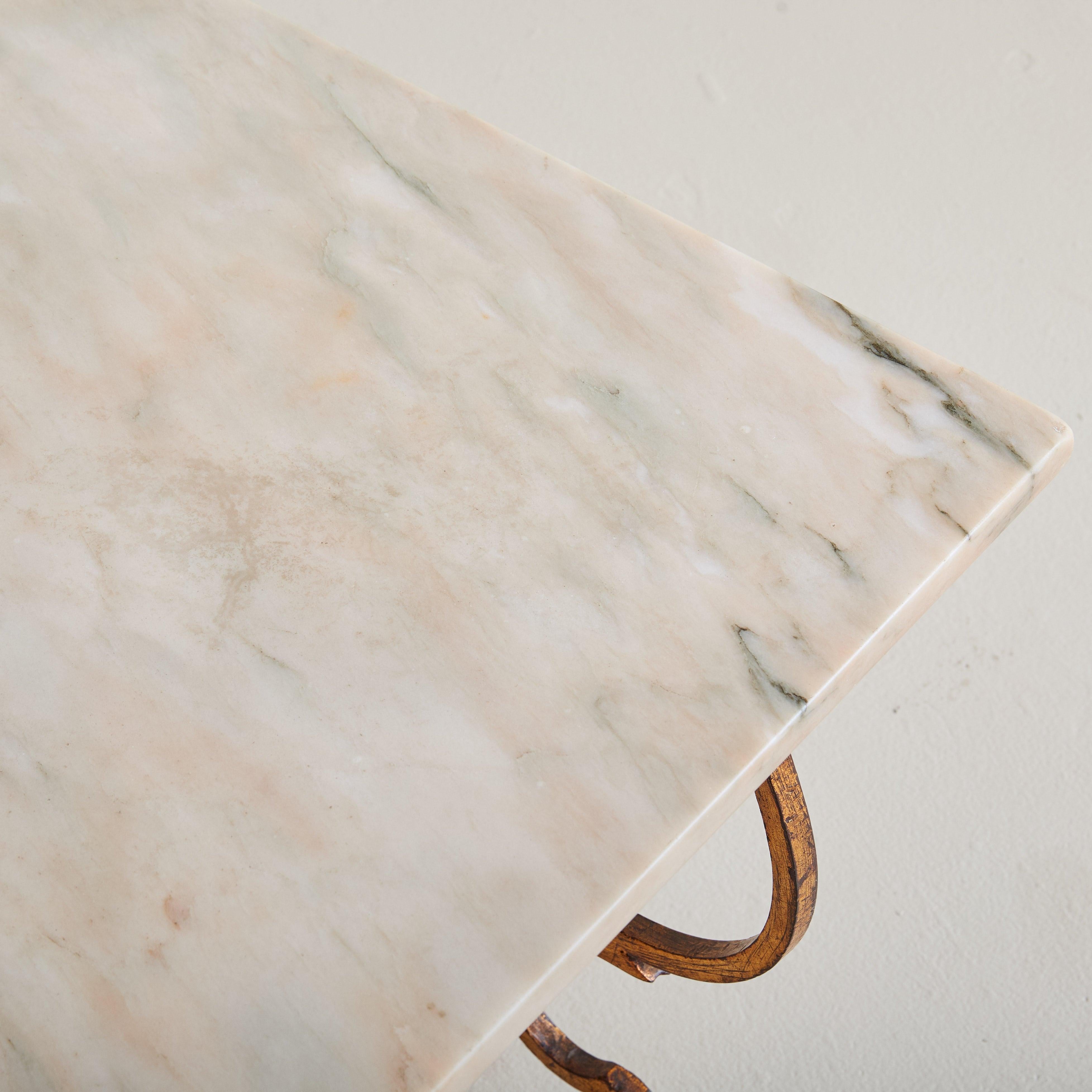 French Brass Base Coffee Table with Blush Marble Top, 1950s For Sale 1