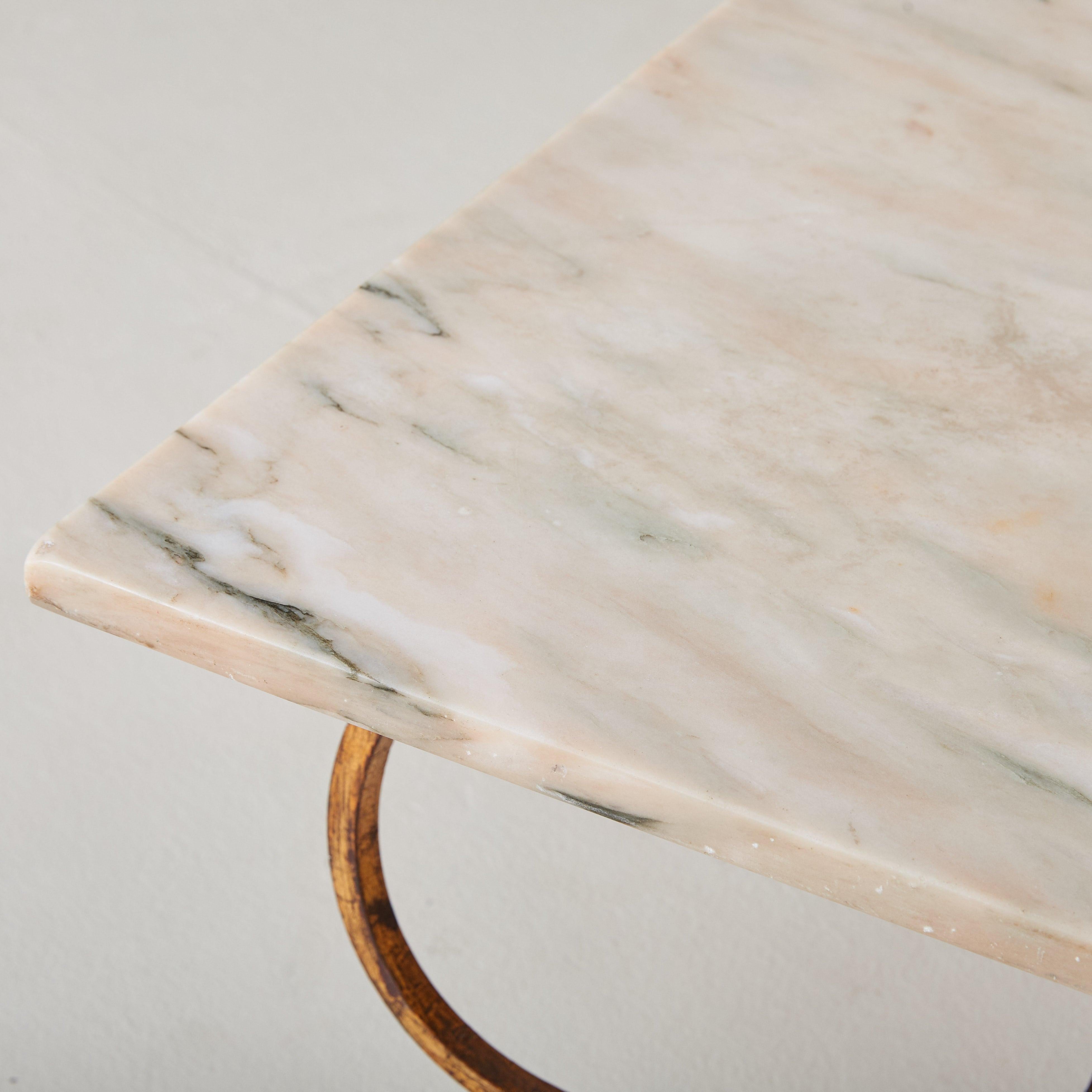 French Brass Base Coffee Table with Blush Marble Top, 1950s For Sale 4