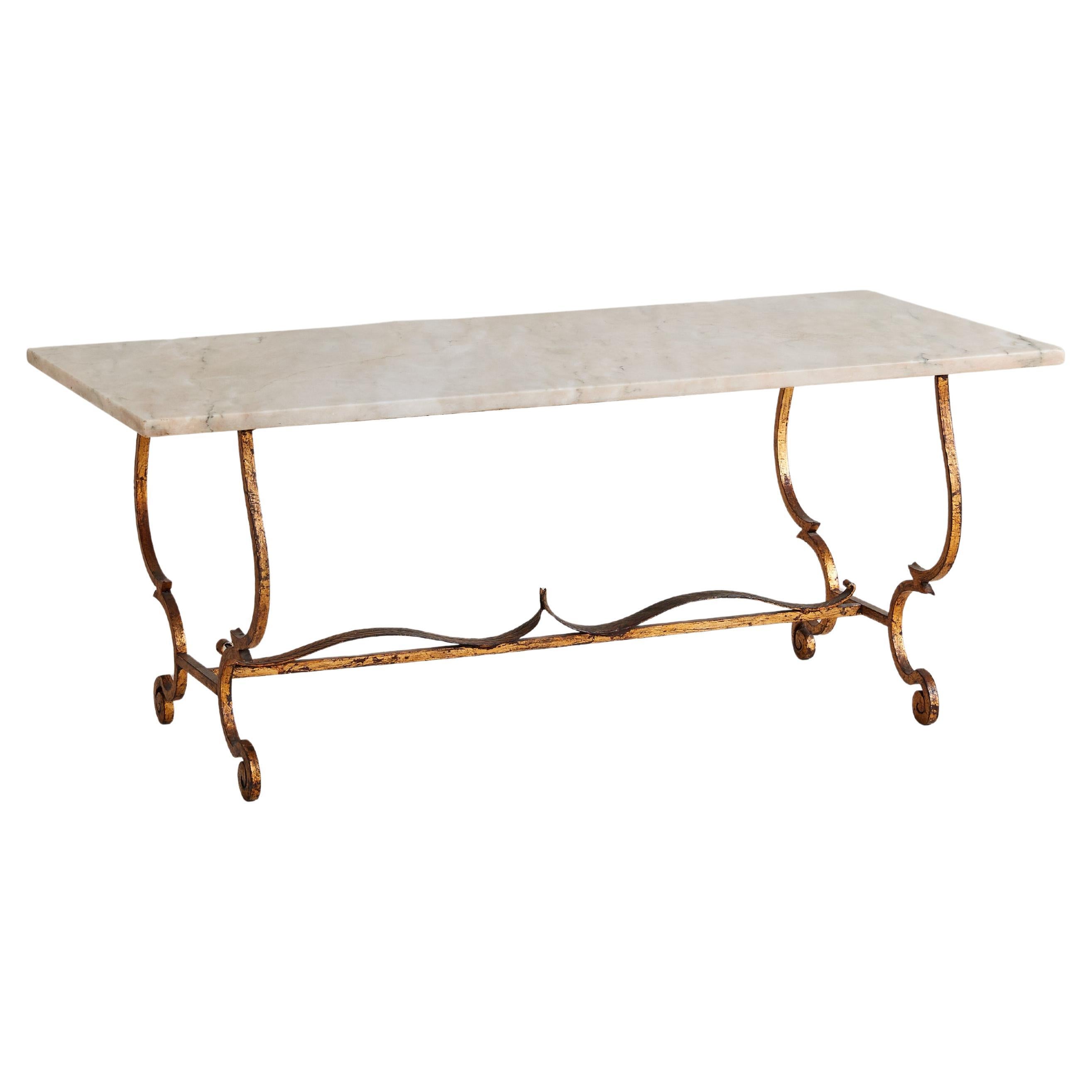 French Brass Base Coffee Table with Blush Marble Top, 1950s For Sale