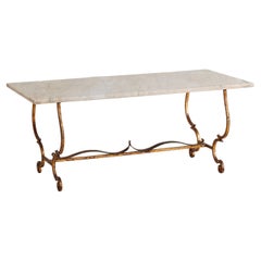 French Brass Base Coffee Table with Blush Marble Top, 1950s