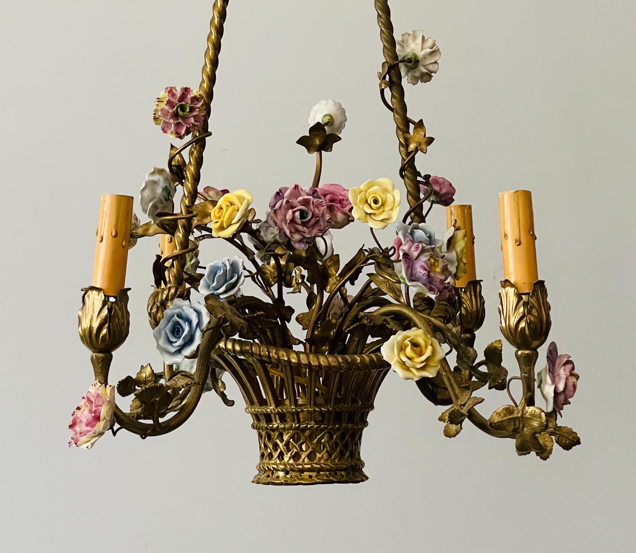 Louis XVI French Brass Basket Chandelier with Porcelain Flowers