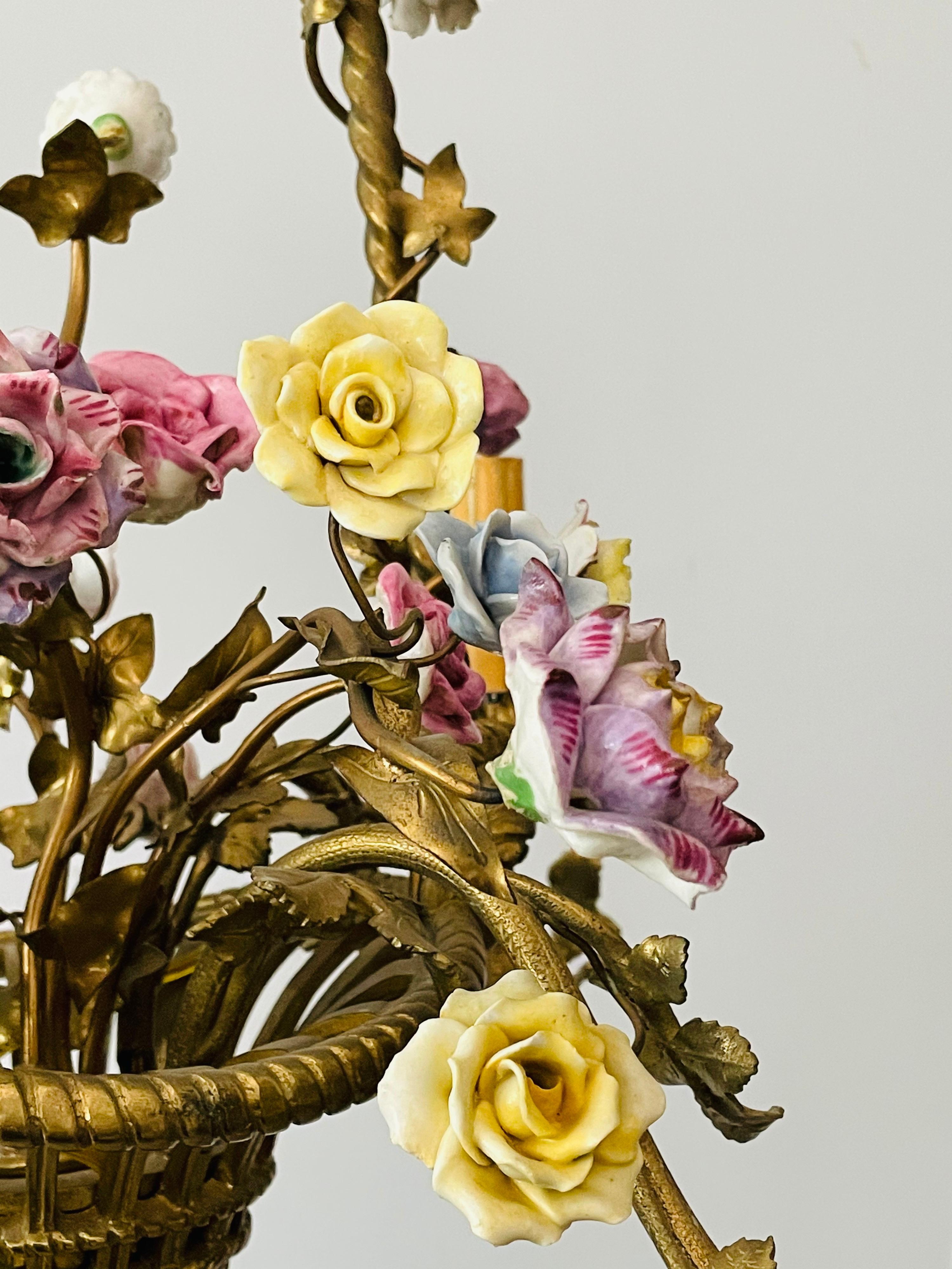 Mid-20th Century French Brass Basket Chandelier with Porcelain Flowers