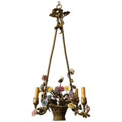 French Brass Basket Chandelier with Porcelain Flowers