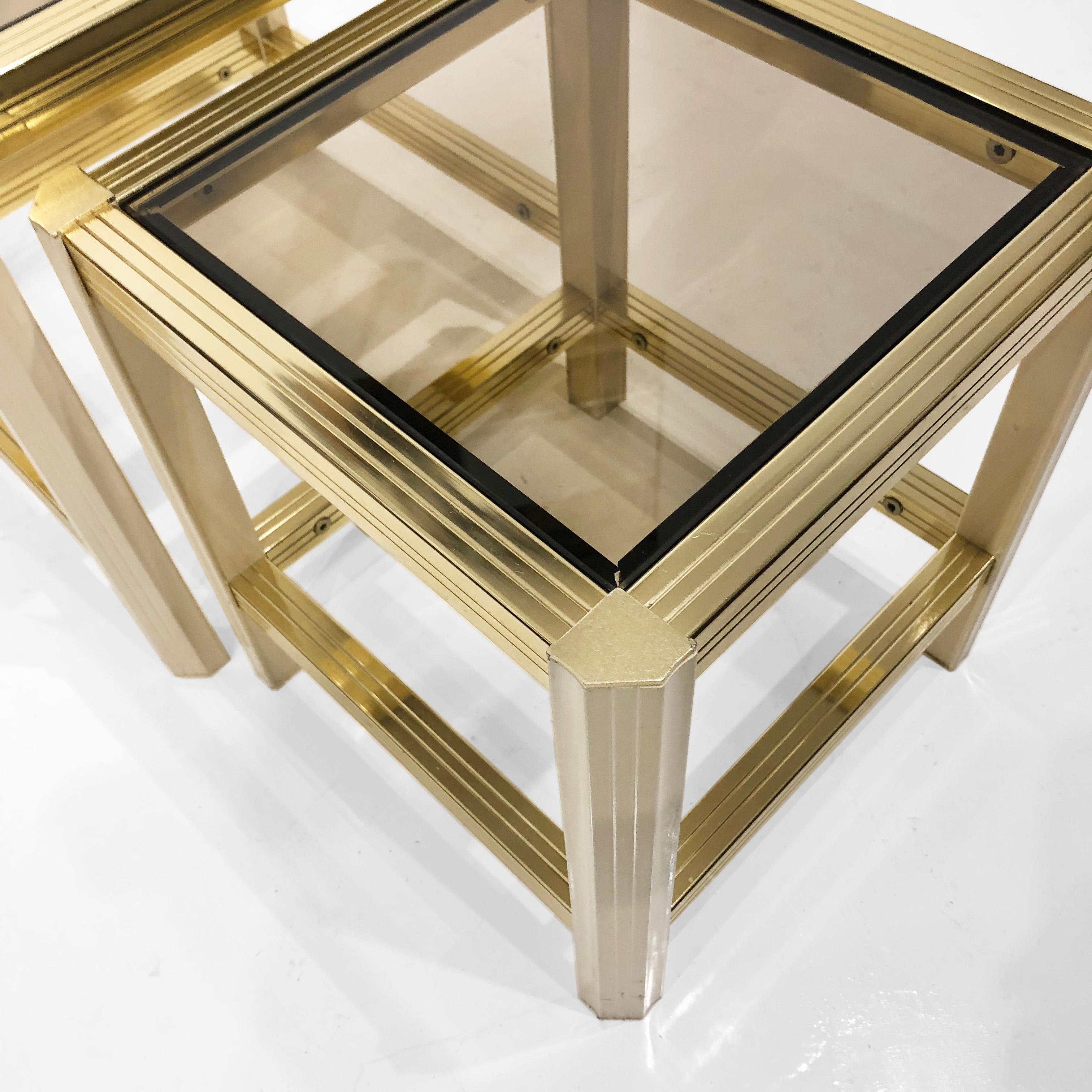 French Brass Beige Nesting Tables 1970s Hollywood Regency Smoked Glass Side Sofa 9