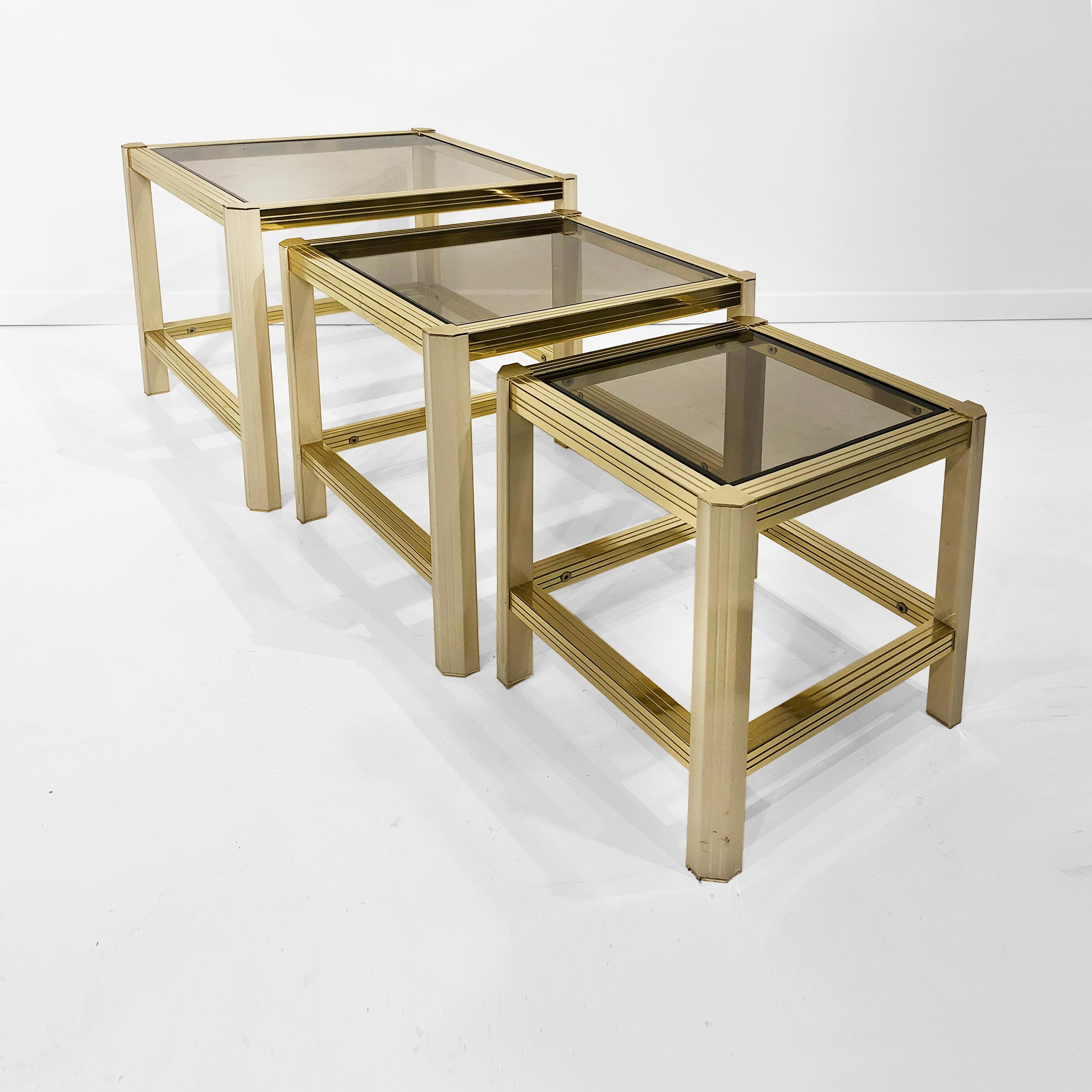 Late 20th Century French Brass Beige Nesting Tables 1970s Hollywood Regency Smoked Glass Side Sofa