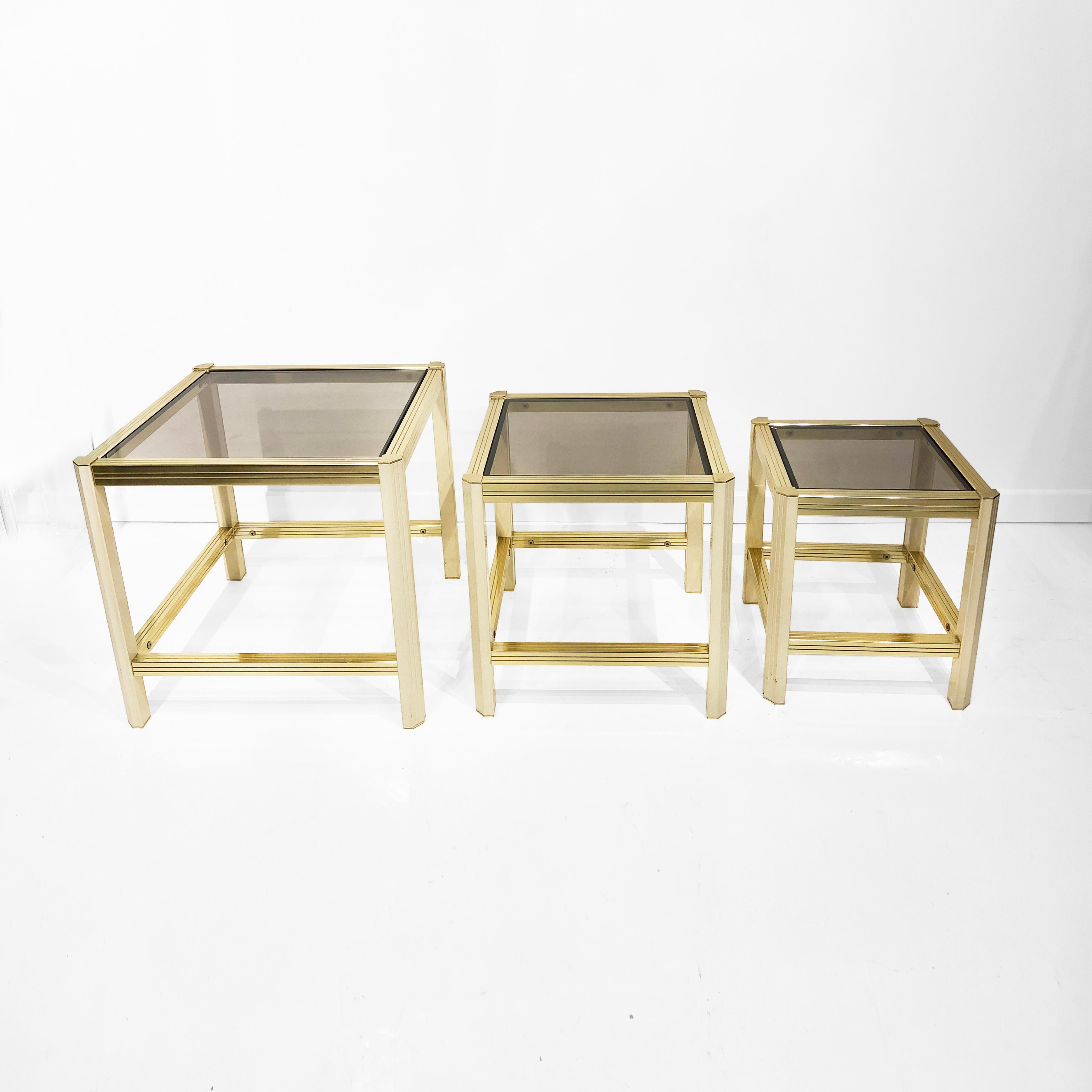 French Brass Beige Nesting Tables 1970s Hollywood Regency Smoked Glass Side Sofa 3