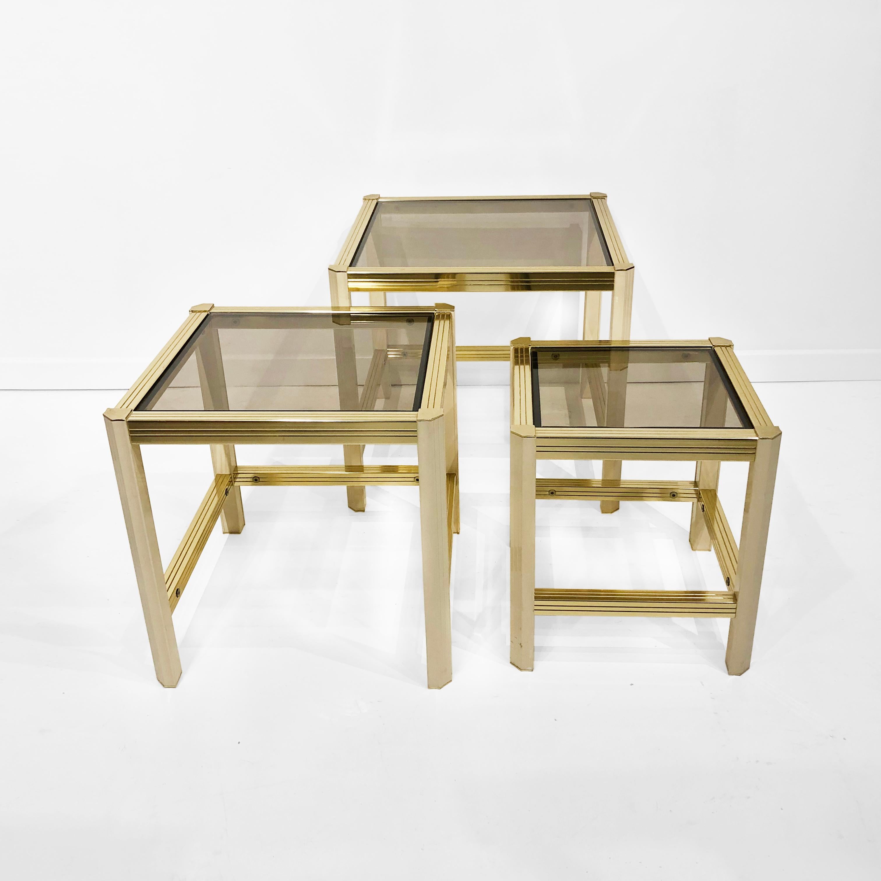 French Brass Beige Nesting Tables 1970s Hollywood Regency Smoked Glass Side Sofa 4