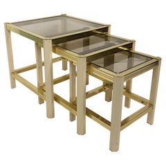 French Brass Beige Nesting Tables 1970s Hollywood Regency Smoked Glass Side Sofa