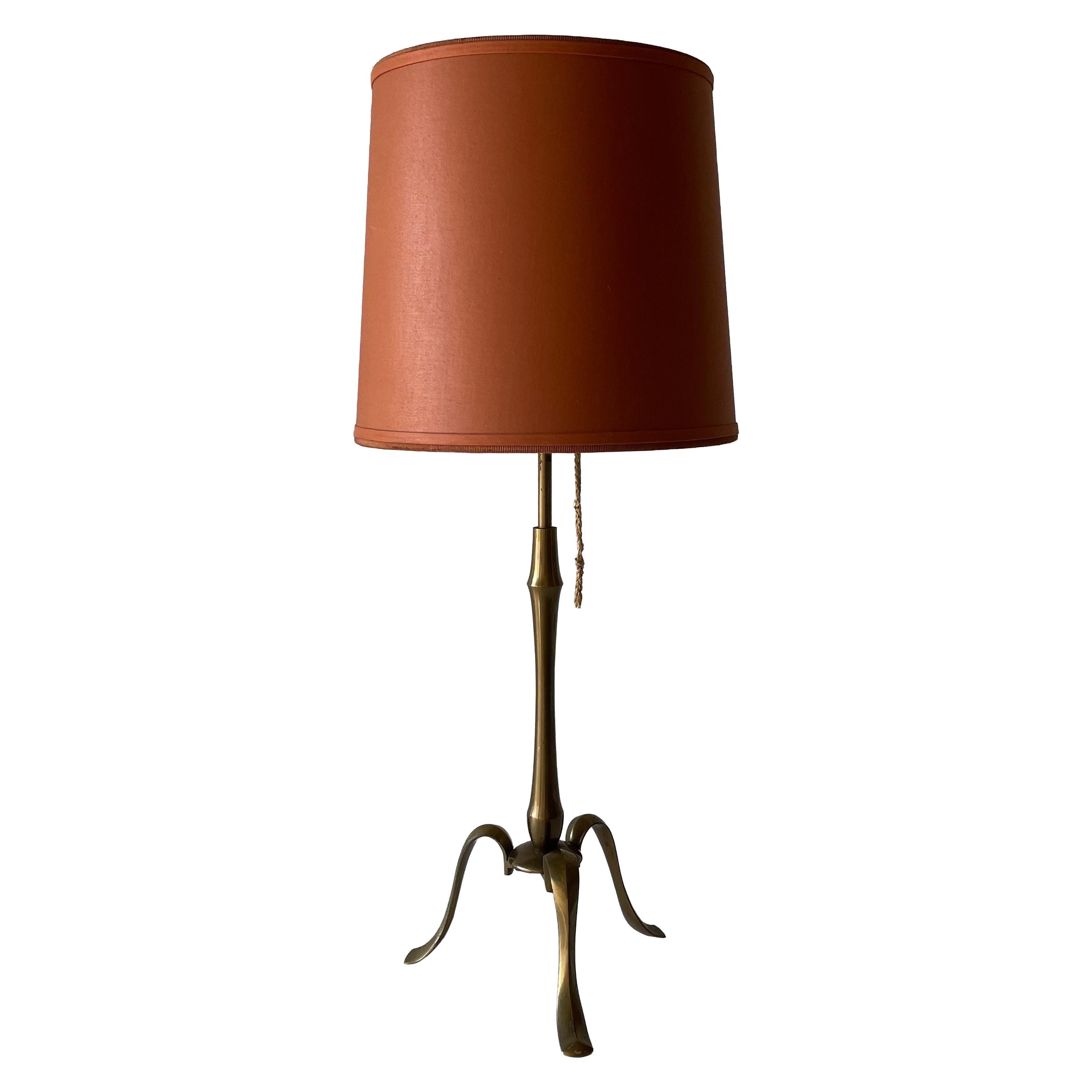 French Brass Body and Orange Fabric Shade Table Lamp, 1950s, France For Sale