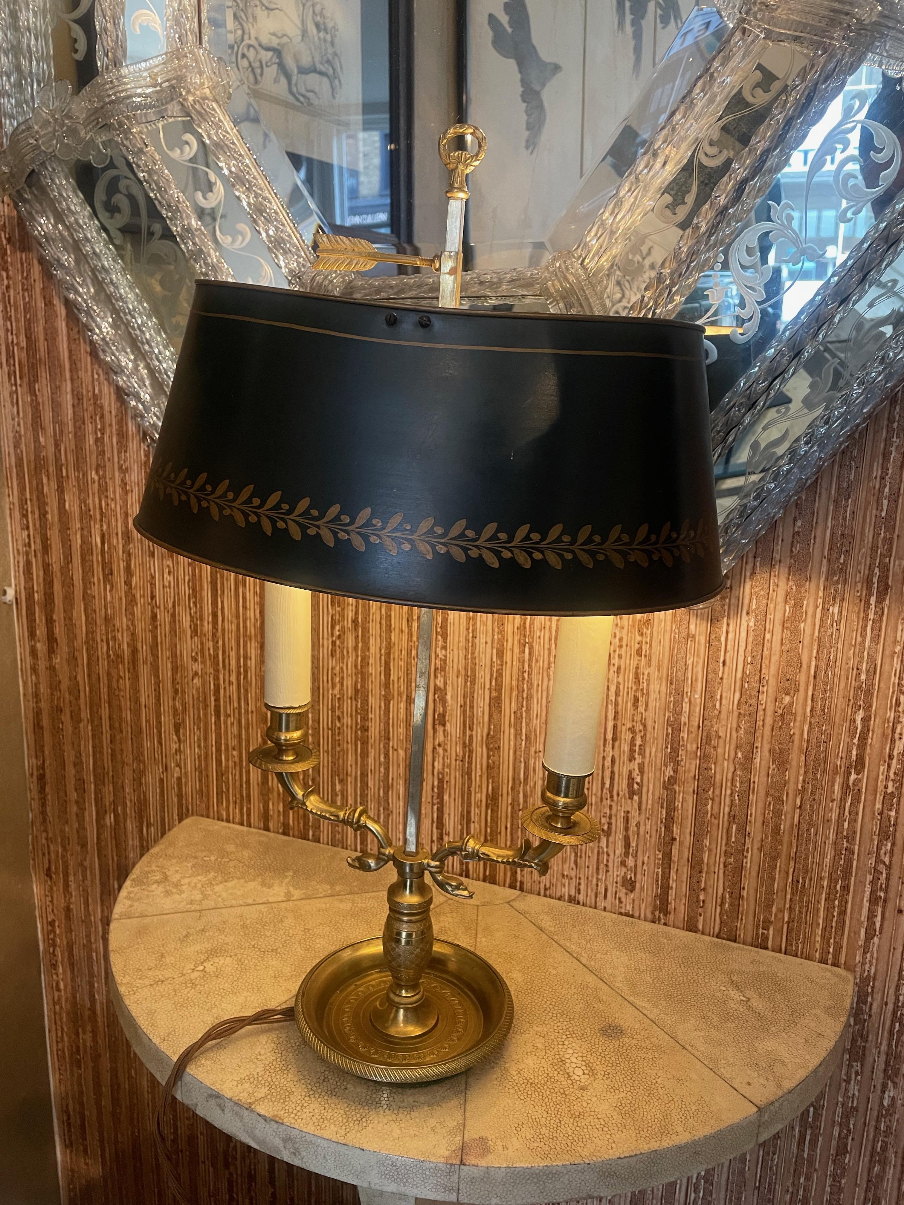 20th Century French Brass Bouillote Lamp with Green Tole Shade, 20thC. For Sale