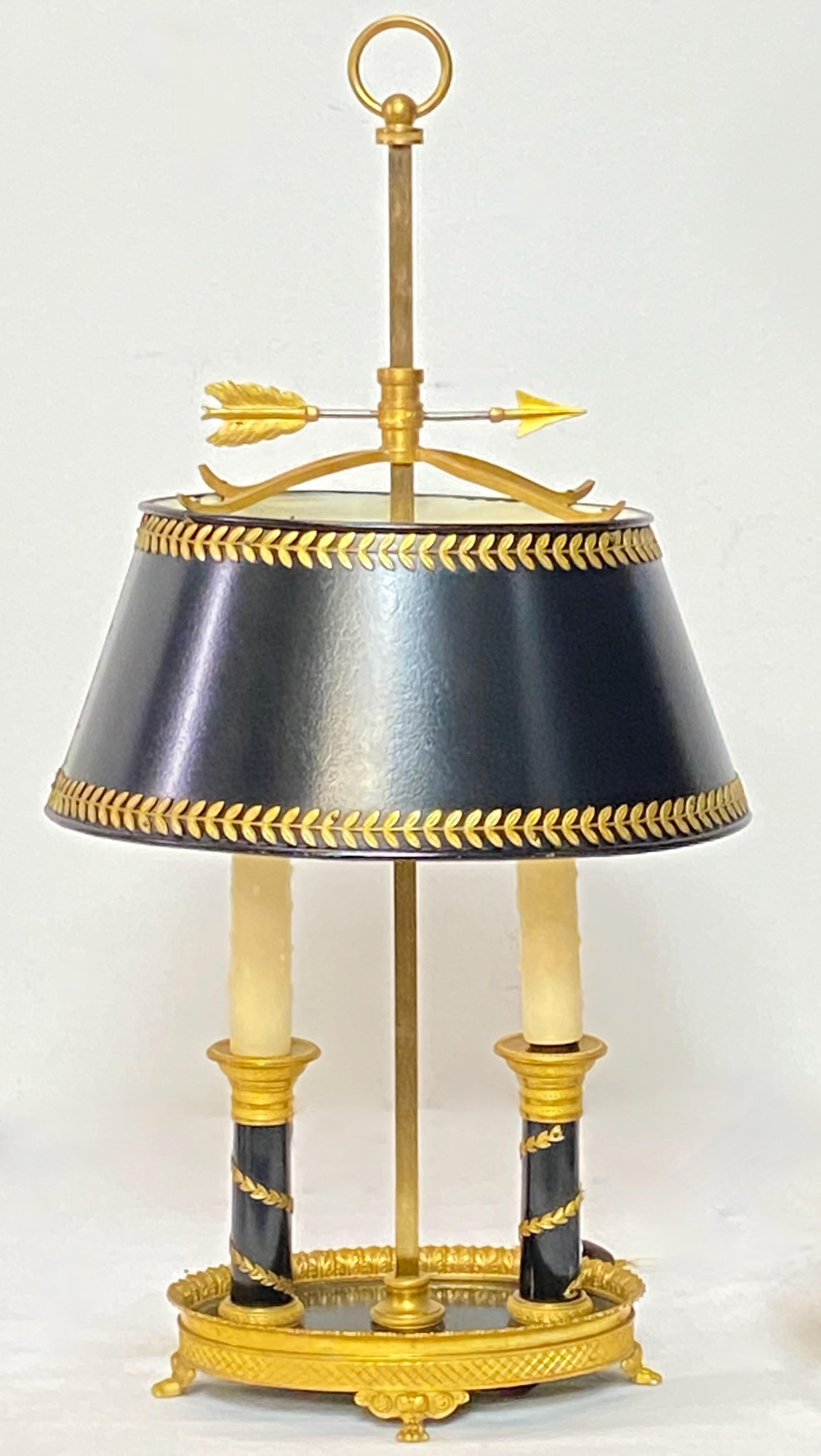 Beautiful quality solid brass bouillotte lamp with original painted adjustable shade.
In very good original condition, having a slight discoloration in the paint on the drip tray. 
Recently re-wired and ready to used.
France, early 20th