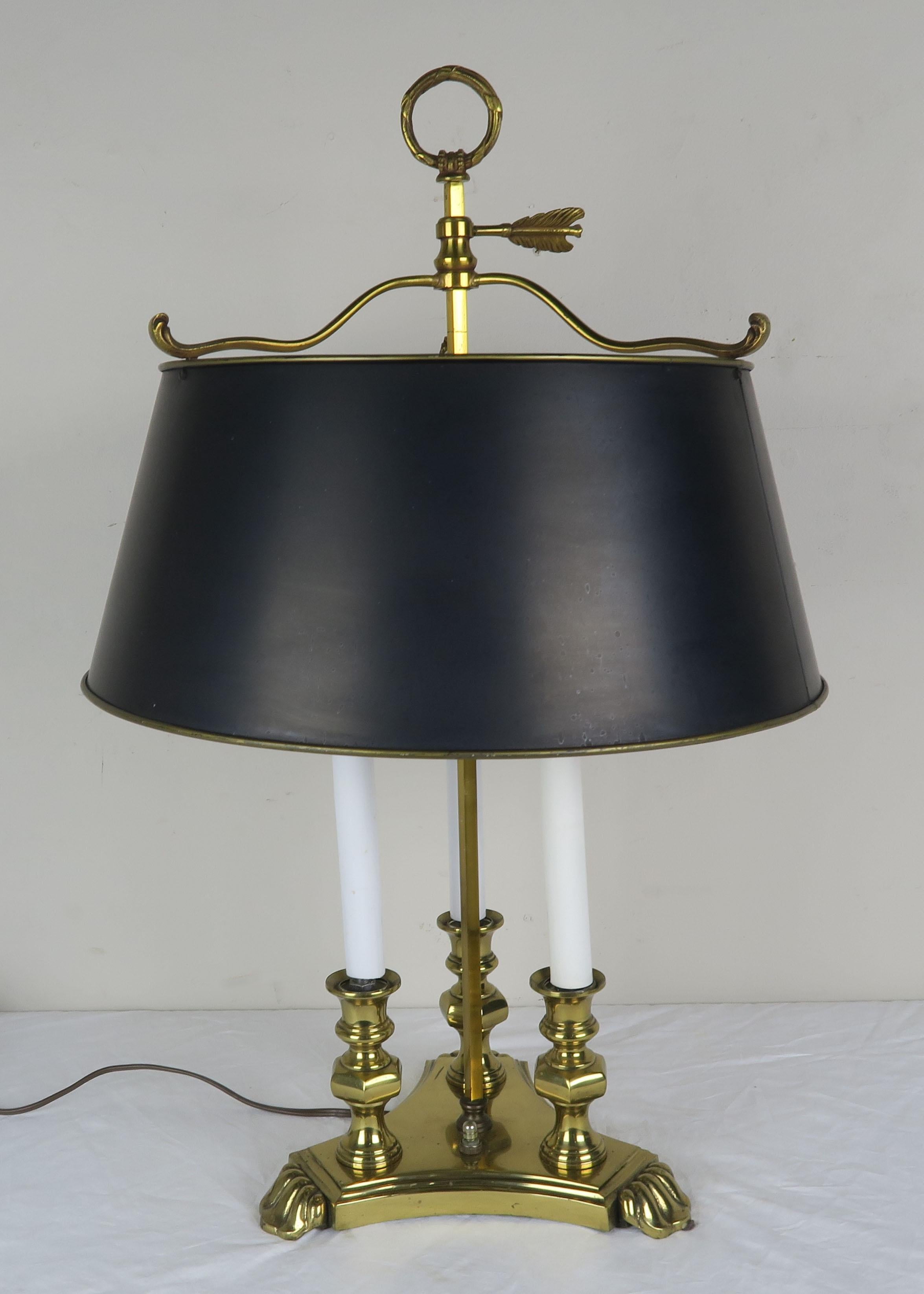 French 3-light brass Boulliot style lamp with black parchment shade.
 