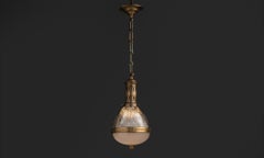French Brass Caged Holophane Ceiling Pendant Light Lamp, England 1930