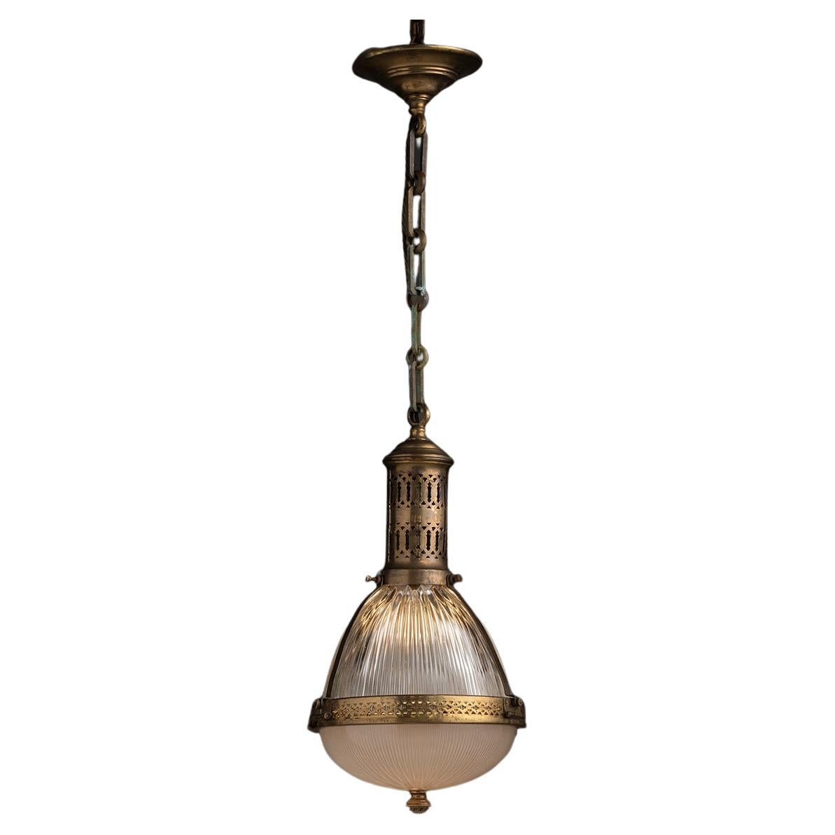 Lampada a sospensione da soffitto Holophane a gabbia in ottone francese, Inghilterra 1930