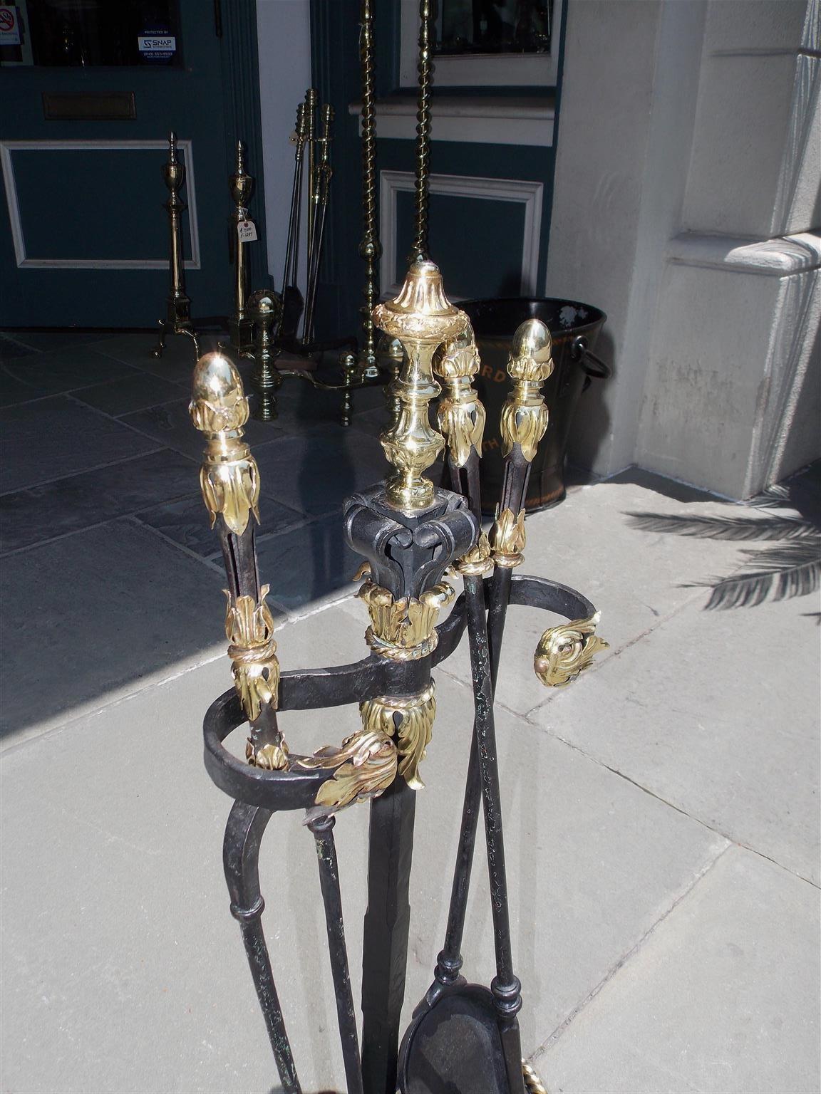 Mid-19th Century French Brass & Cast Iron Decorative Floral Fire Tools on Demilune Stand, C. 1840 For Sale
