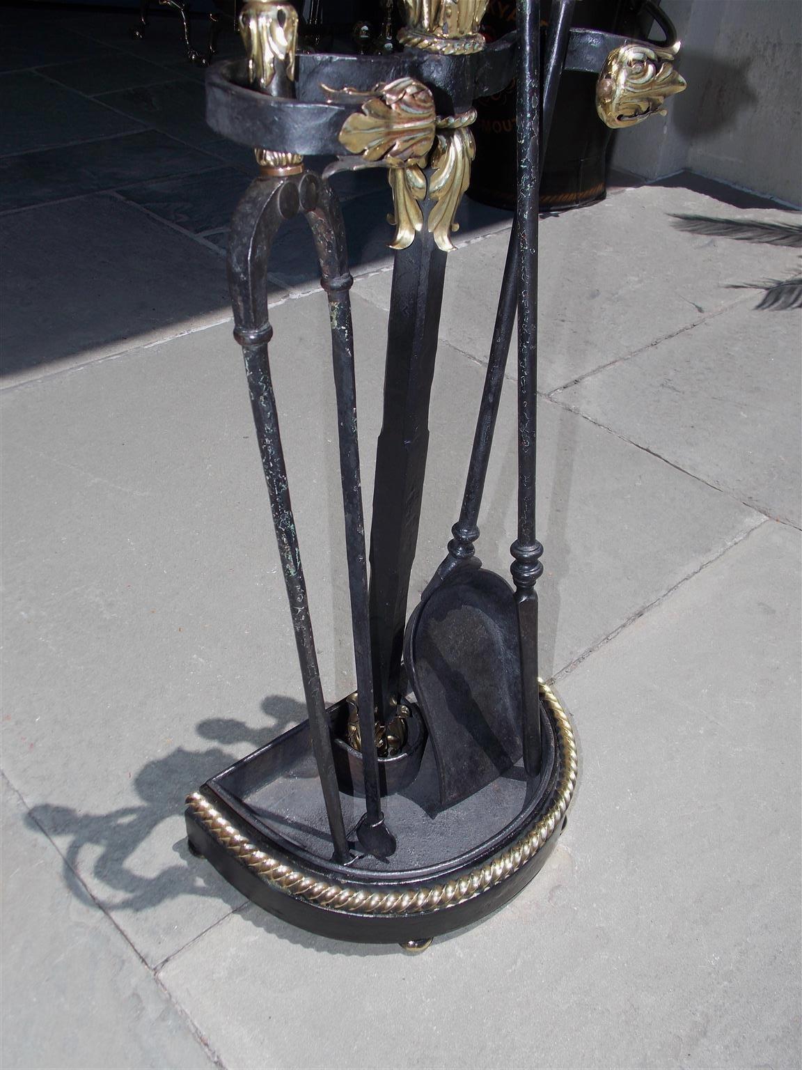 French Brass & Cast Iron Decorative Floral Fire Tools on Demilune Stand, C. 1840 For Sale 2