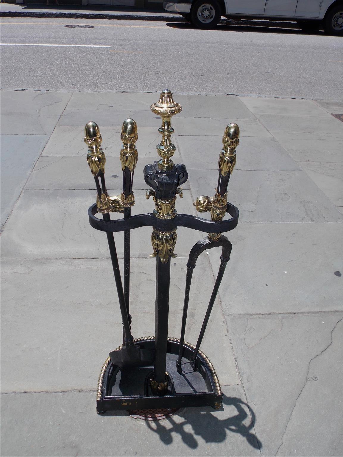 French Brass & Cast Iron Decorative Floral Fire Tools on Demilune Stand, C. 1840 For Sale 3