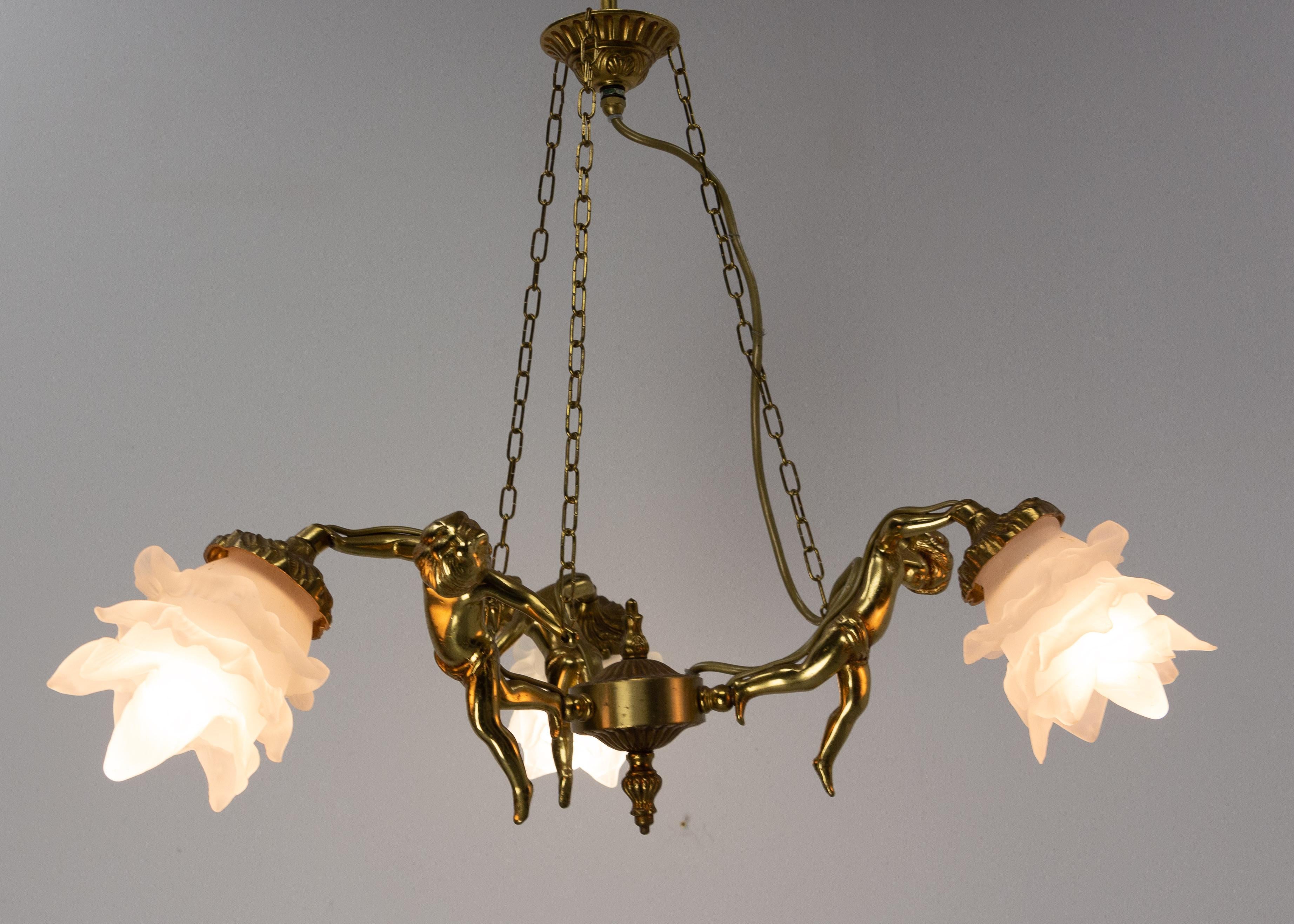Neoclassical French Brass Ceiling Lamp with Three Putti Pendant Lustre, circa 1970