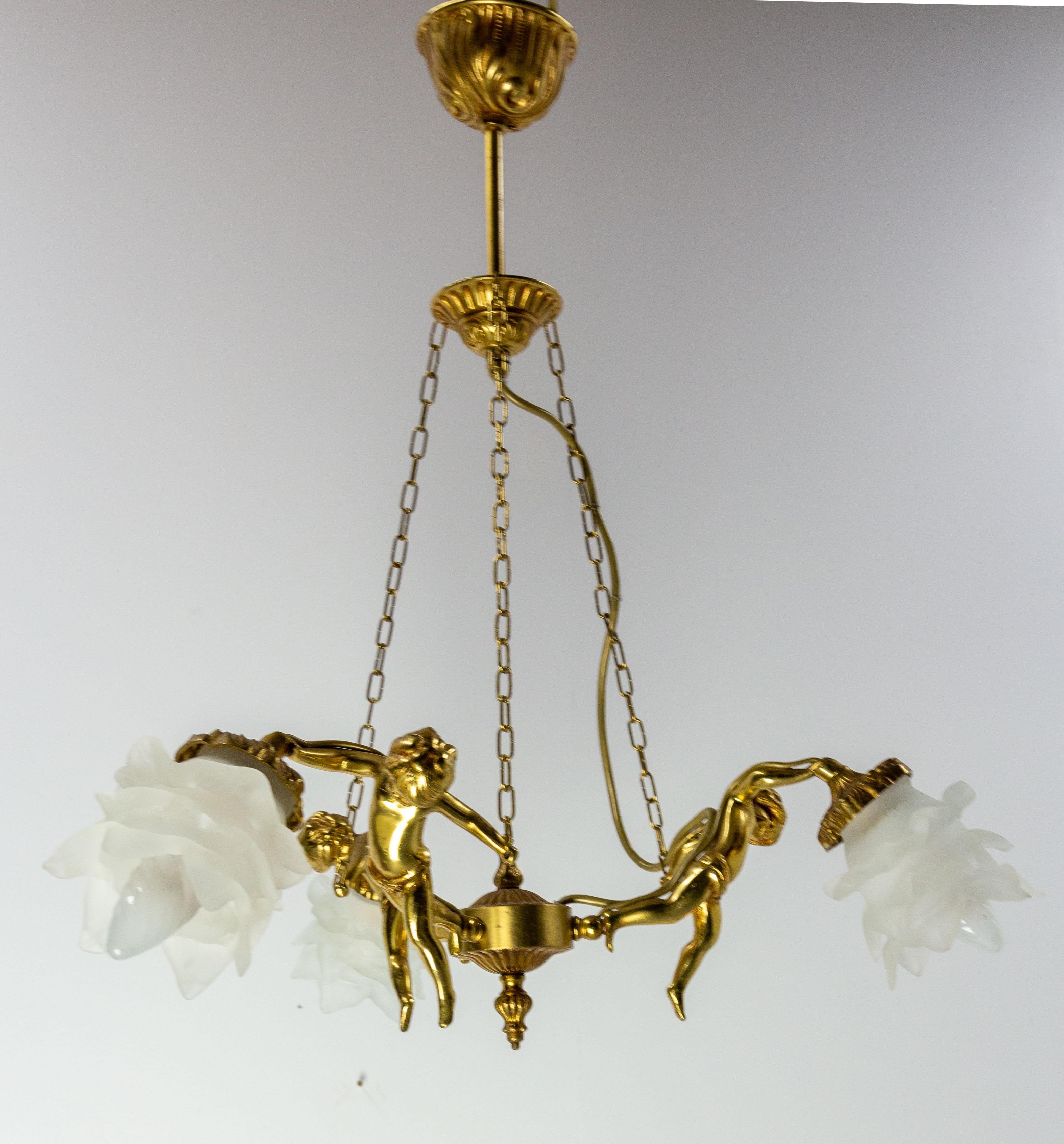 20th Century French Brass Ceiling Lamp with Three Putti Pendant Lustre, circa 1970