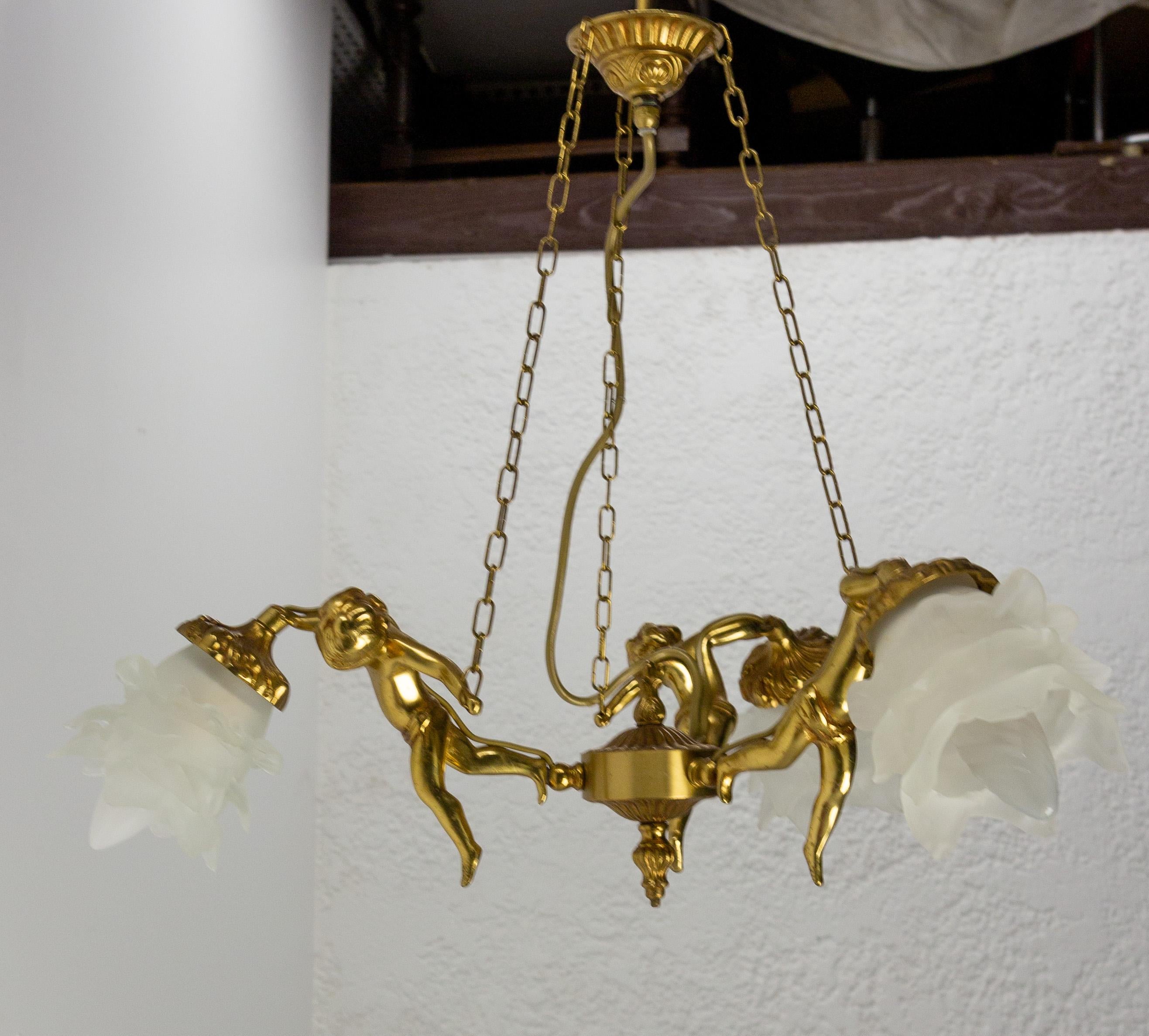 Glass French Brass Ceiling Lamp with Three Putti Pendant Lustre, circa 1970