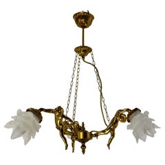 French Brass Ceiling Lamp with Three Putti Pendant Lustre, circa 1970