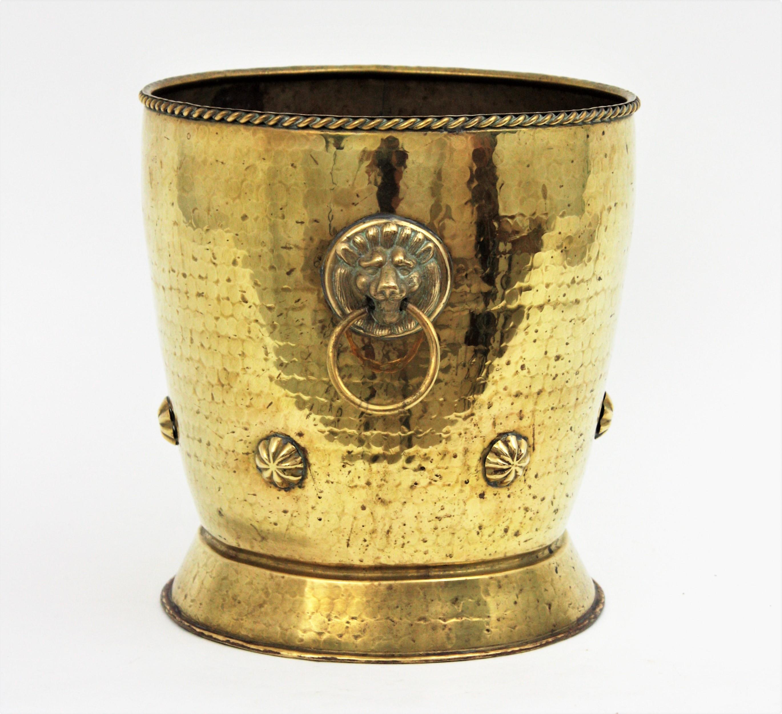 Hammered French Brass Champagne Cooler Ice Bucket with Lion Heads